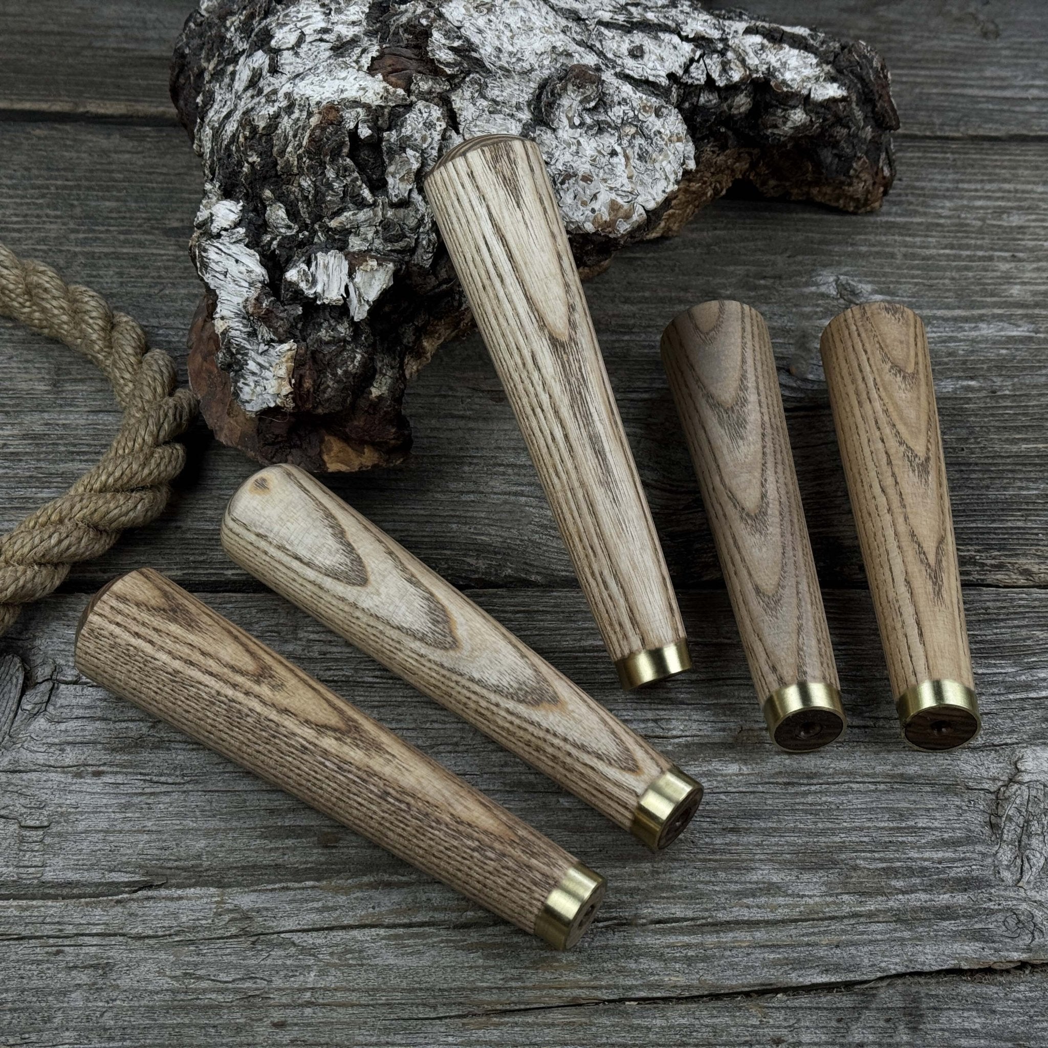 Set of 5 Tapered Ash Wood Handles with Brass Rings - 6