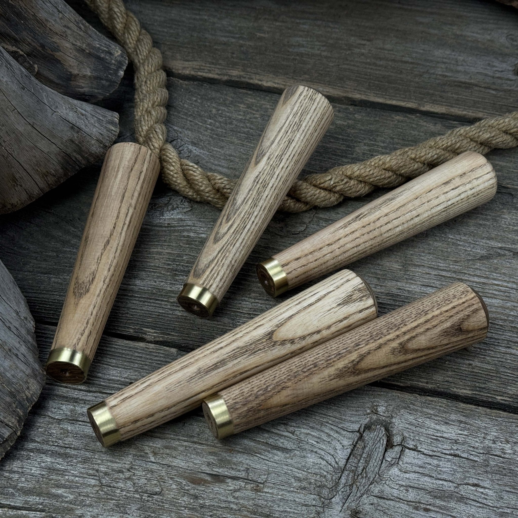 Set of 5 Tapered Ash Wood Handles with Brass Rings - 4