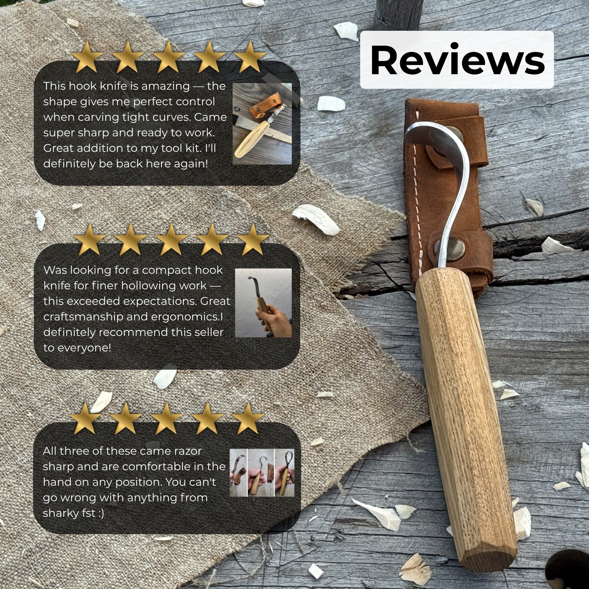 Small Spoon Carving Hook Knife with Octagonal Handle, 7.5 cm (3 inches), with Leather Sheath - 9