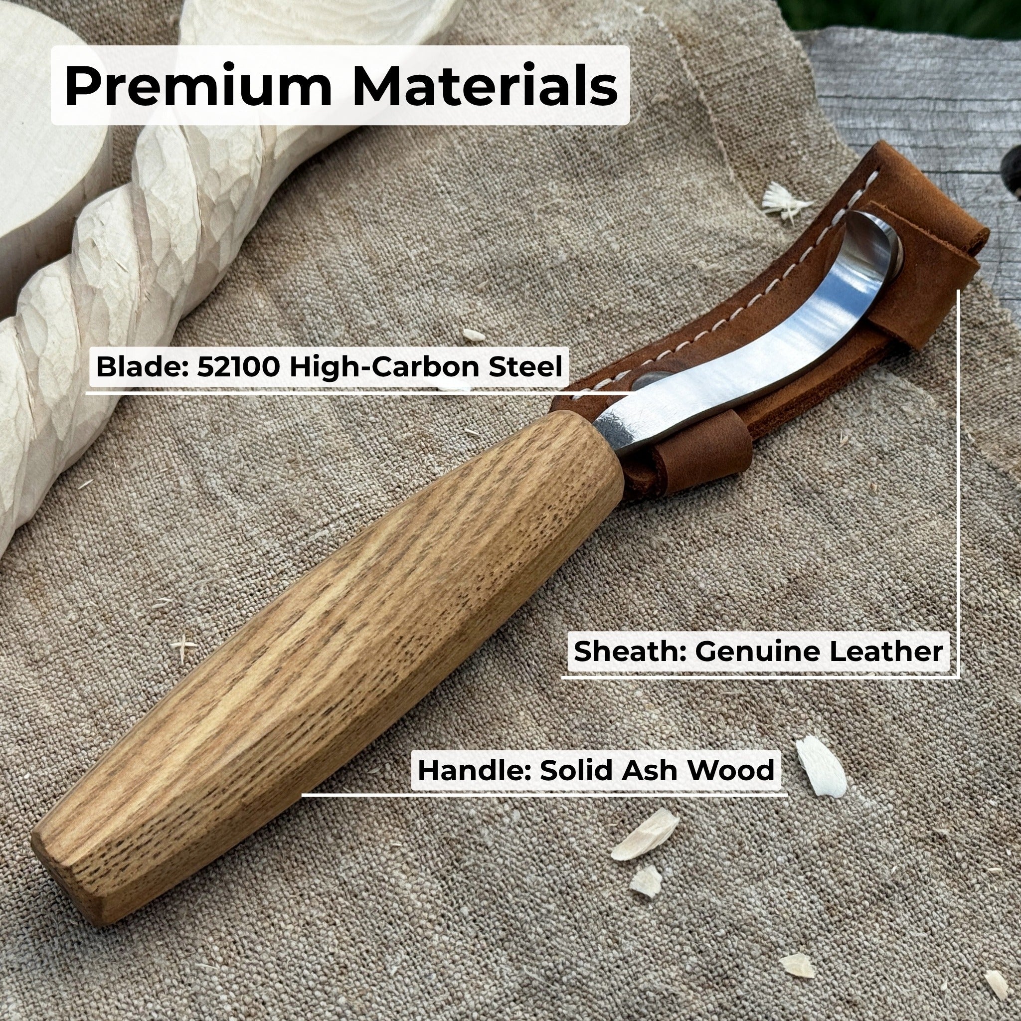 Spoon Carving Hook Knife with Octagonal Handle, 7.5 cm (3 inches), with Leather Sheath - 6