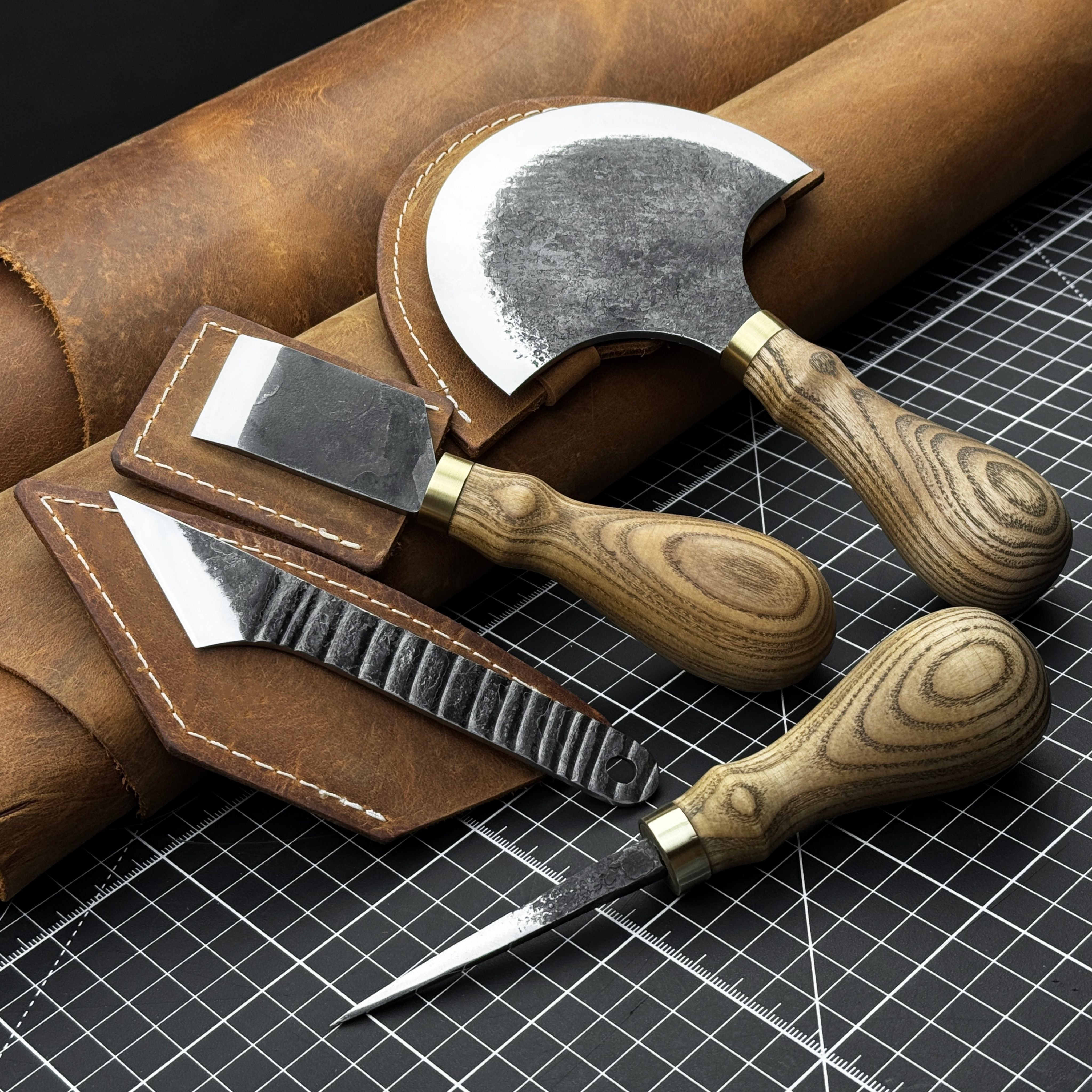 4-Piece Leather Tool Set with Leather Sheaths