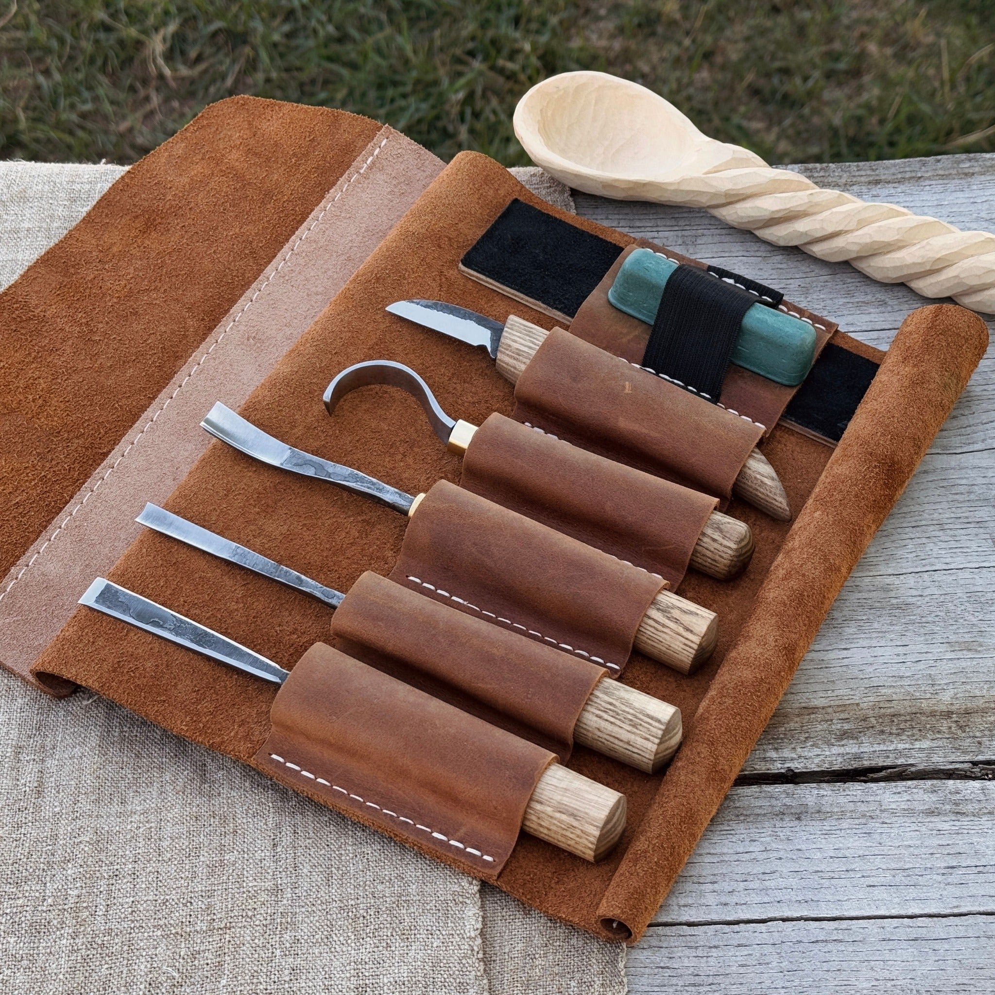 5-Piece Spoon Carving Tool Set with Leather Strop and Case
