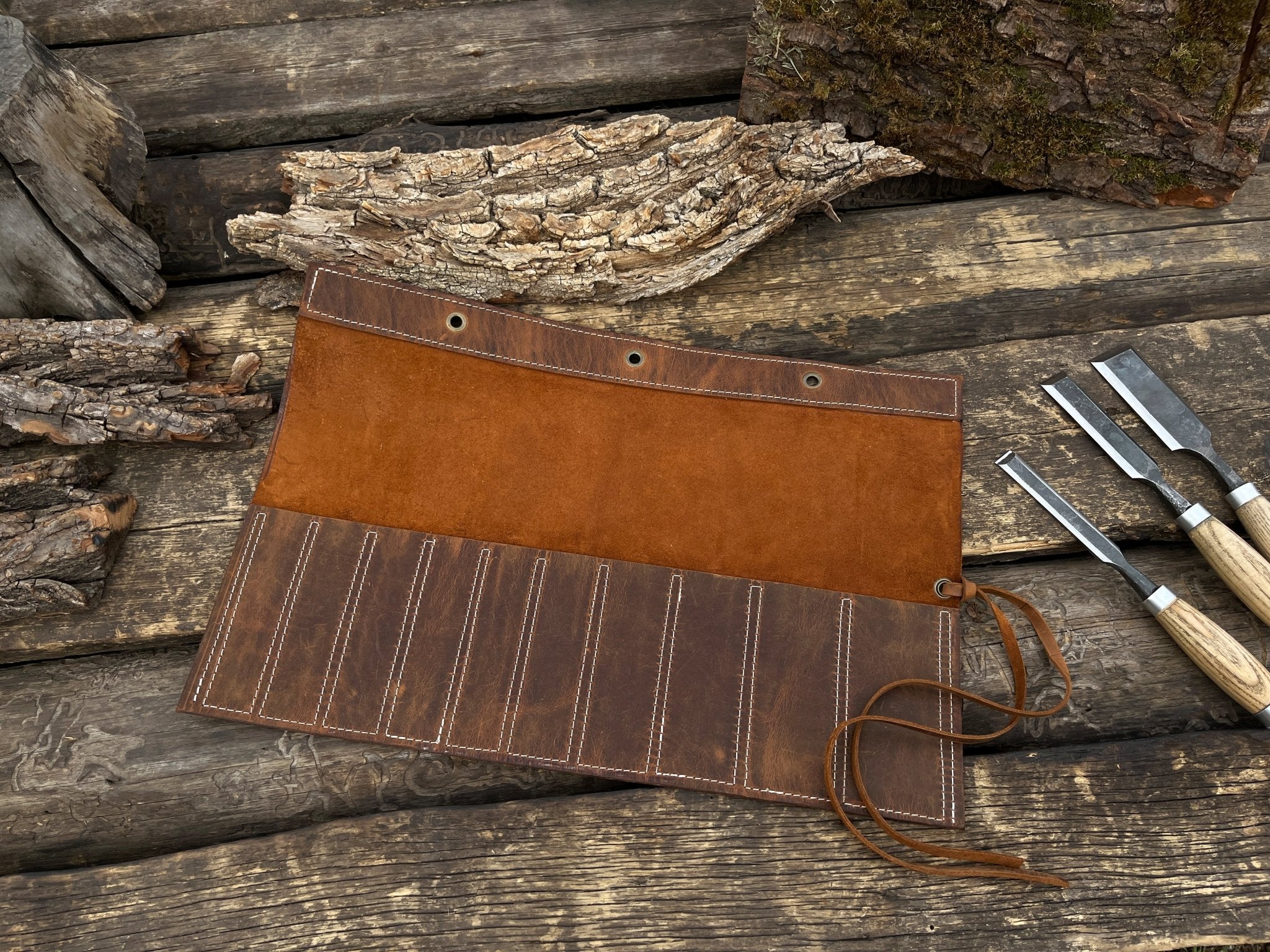 Chisel Roll Paper 10 Pocket Leather Chisel Roll - Sharky Forged Steel Tools
