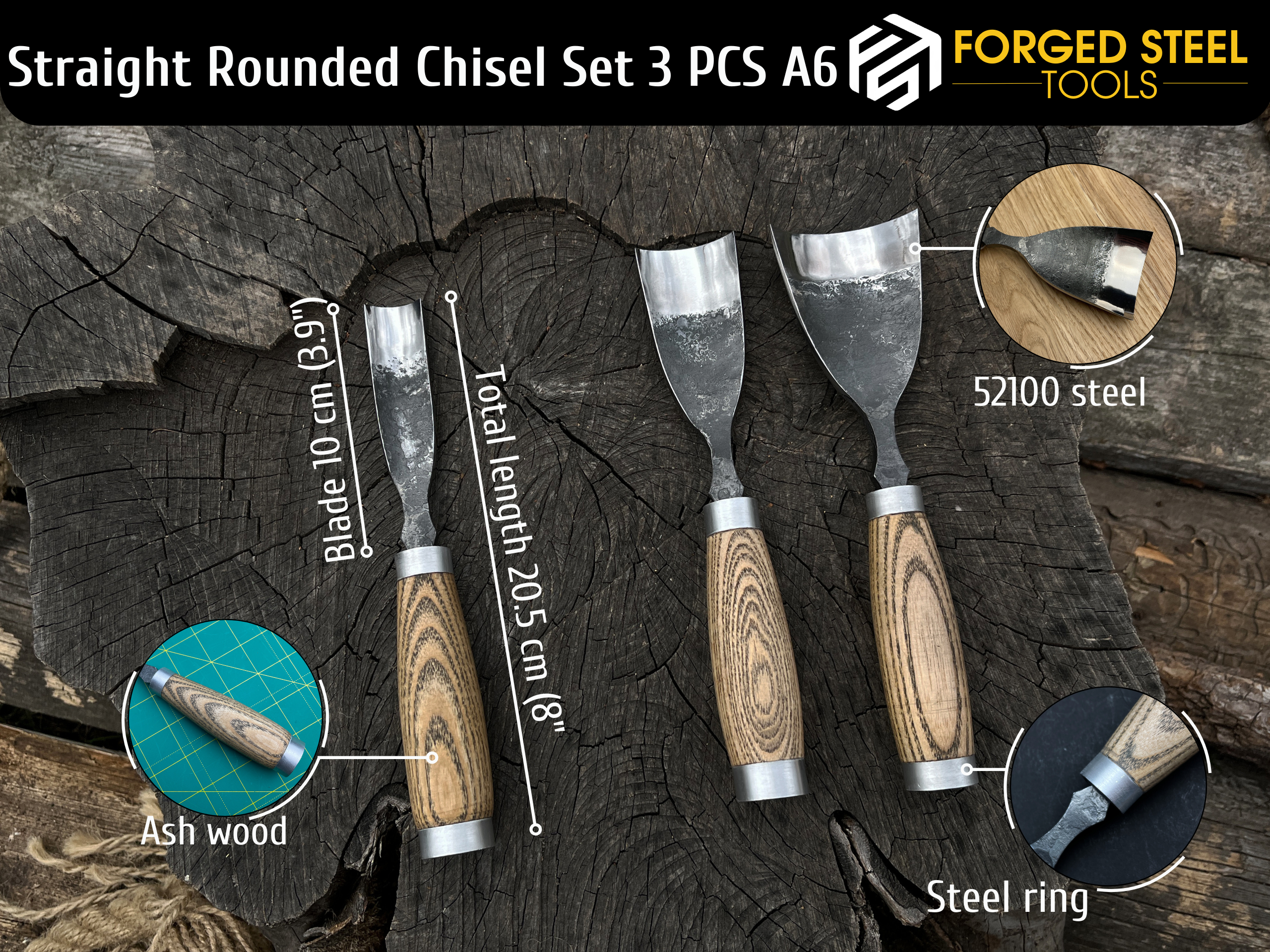 3-Piece Hand-Forged Straight Rounded Chisel