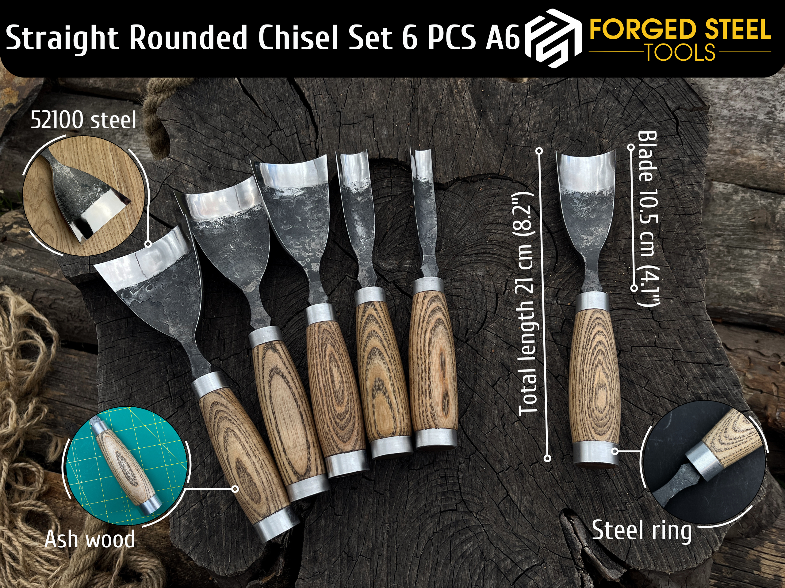 6-Piece Hand-Forged Straight Rounded Chisel