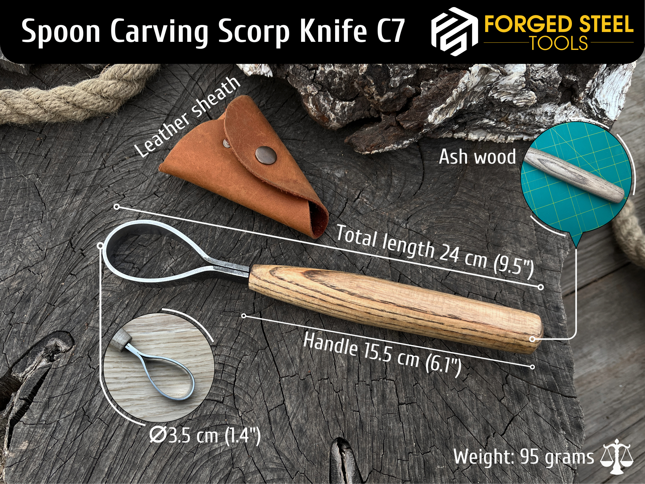 Hand-Forged Spoon Carving Scorp Knife, ⌀3.5 cm (1.4 inches)