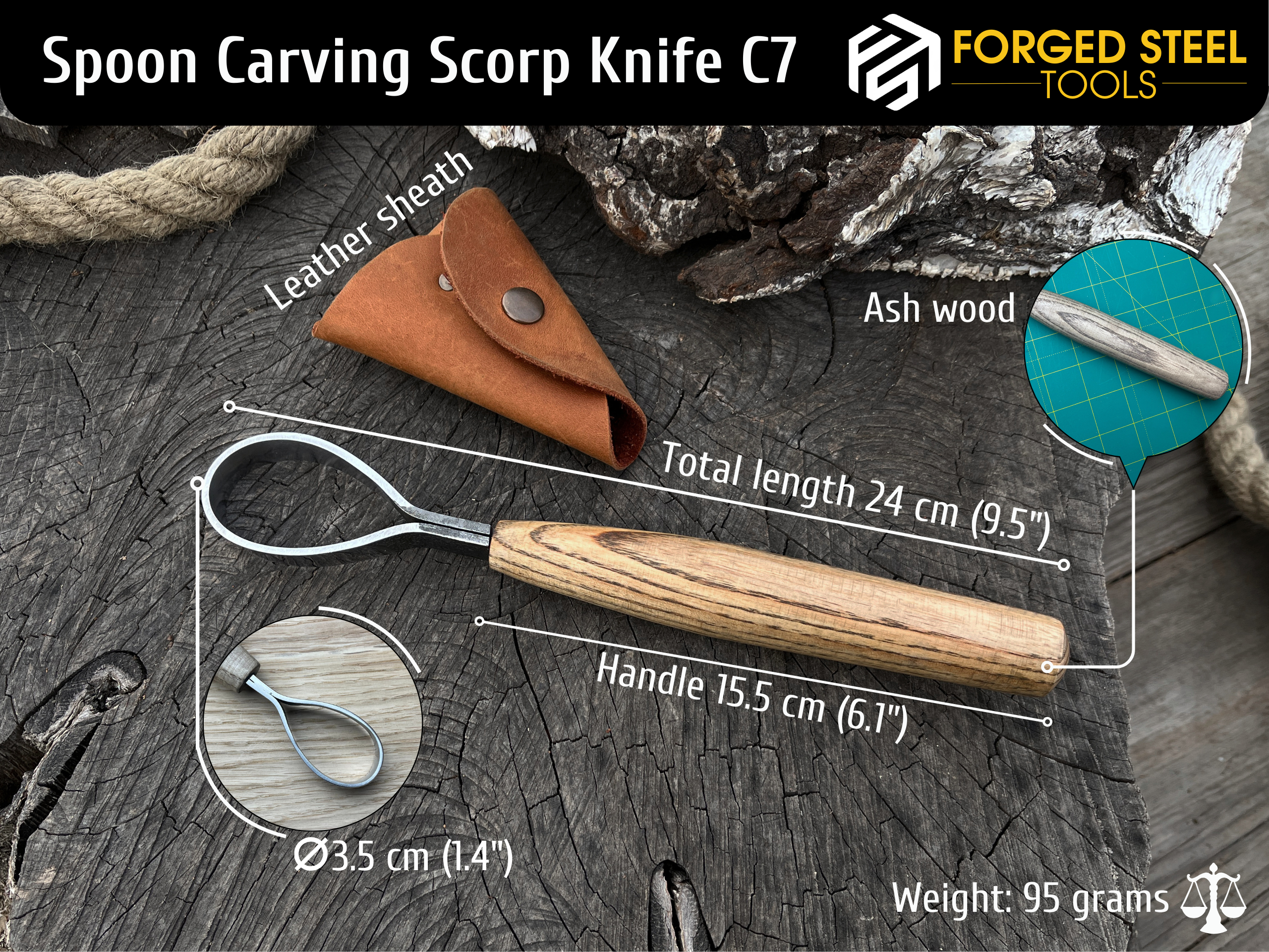 Hand-Forged Spoon Carving Scorp Knife, ⌀3.5 cm (1.4 inches) - Forged Steel Tools