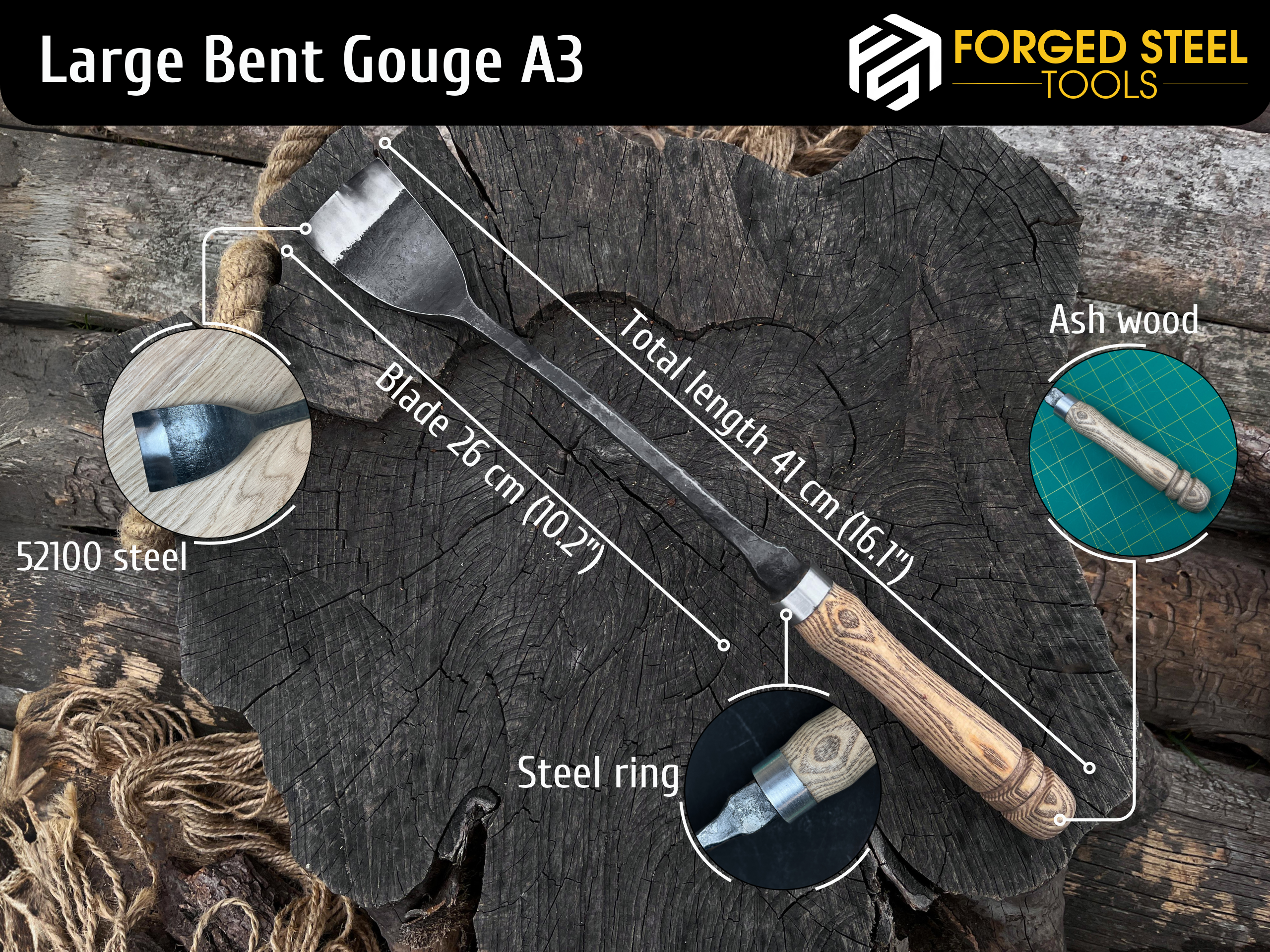 Hand-Forged Bent Gouge With a Long Neck, 50 - 70 mm (2 - 2.8 inches) - Forged Steel Tools