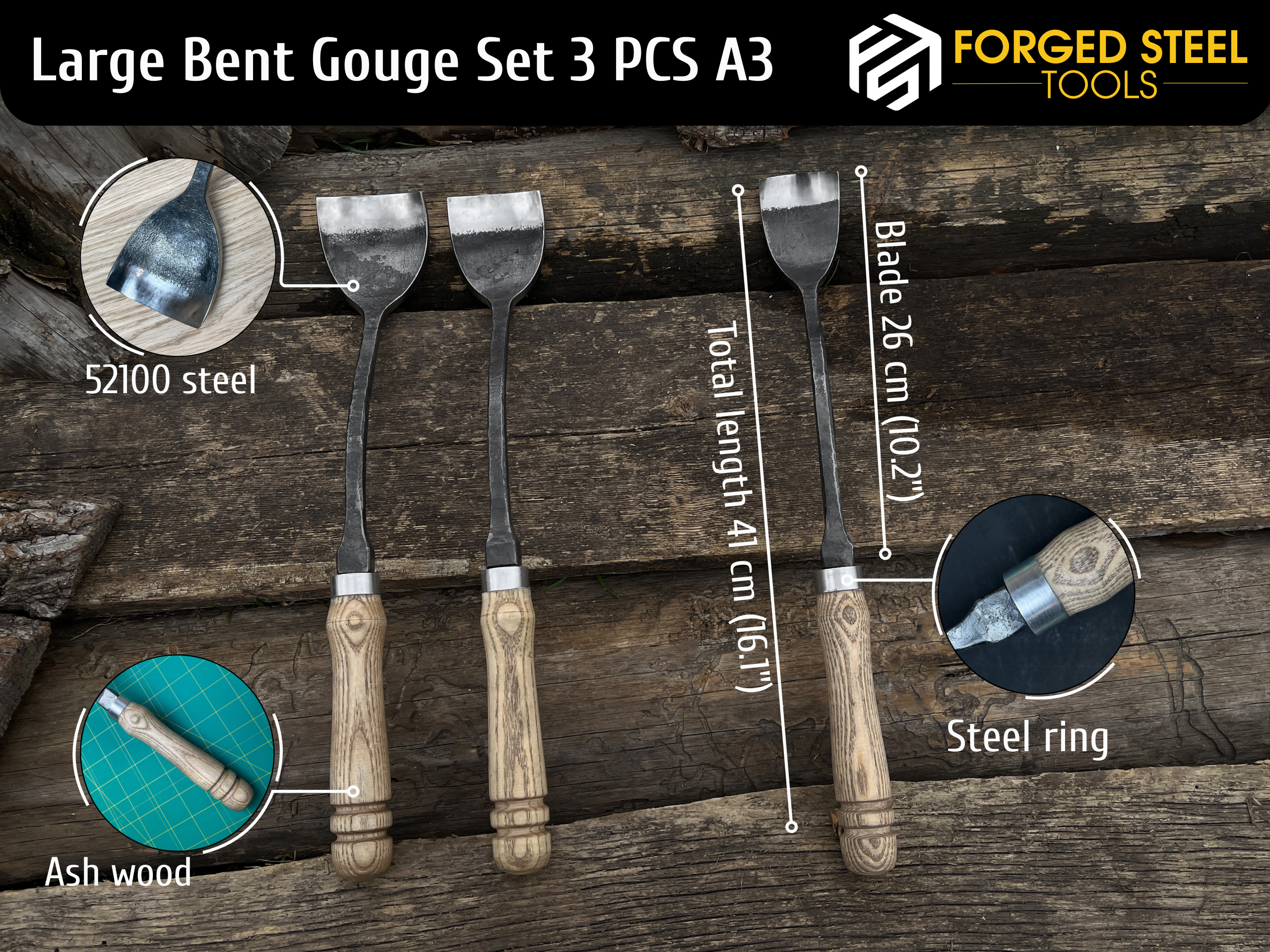 3-Piece Hand-Forged Bent Gouge Set With a Long Neck - Forged Steel Tools