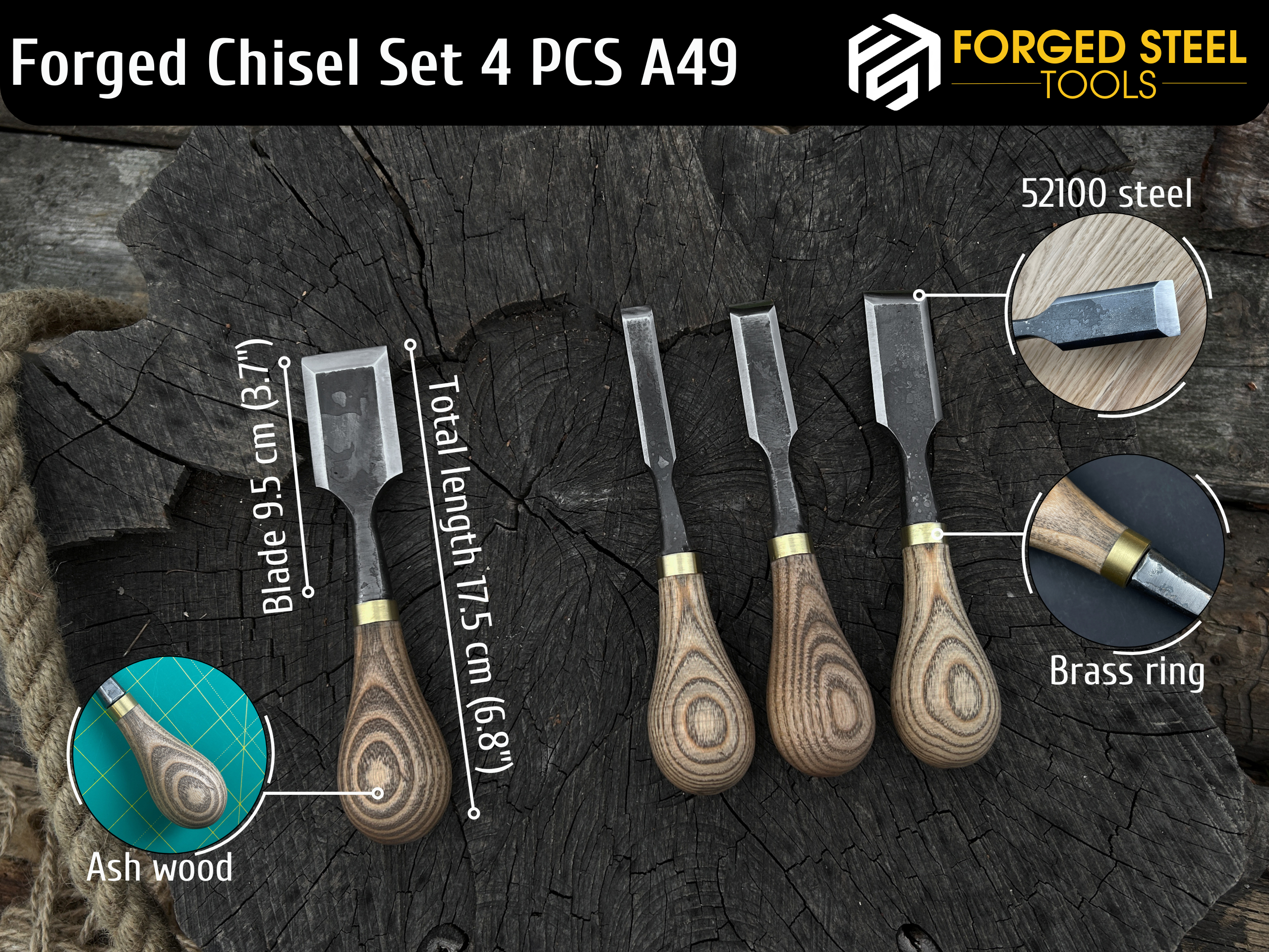 4-Piece Hand-Forged Wood Carving Small Chisel Set - Forged Steel Tools