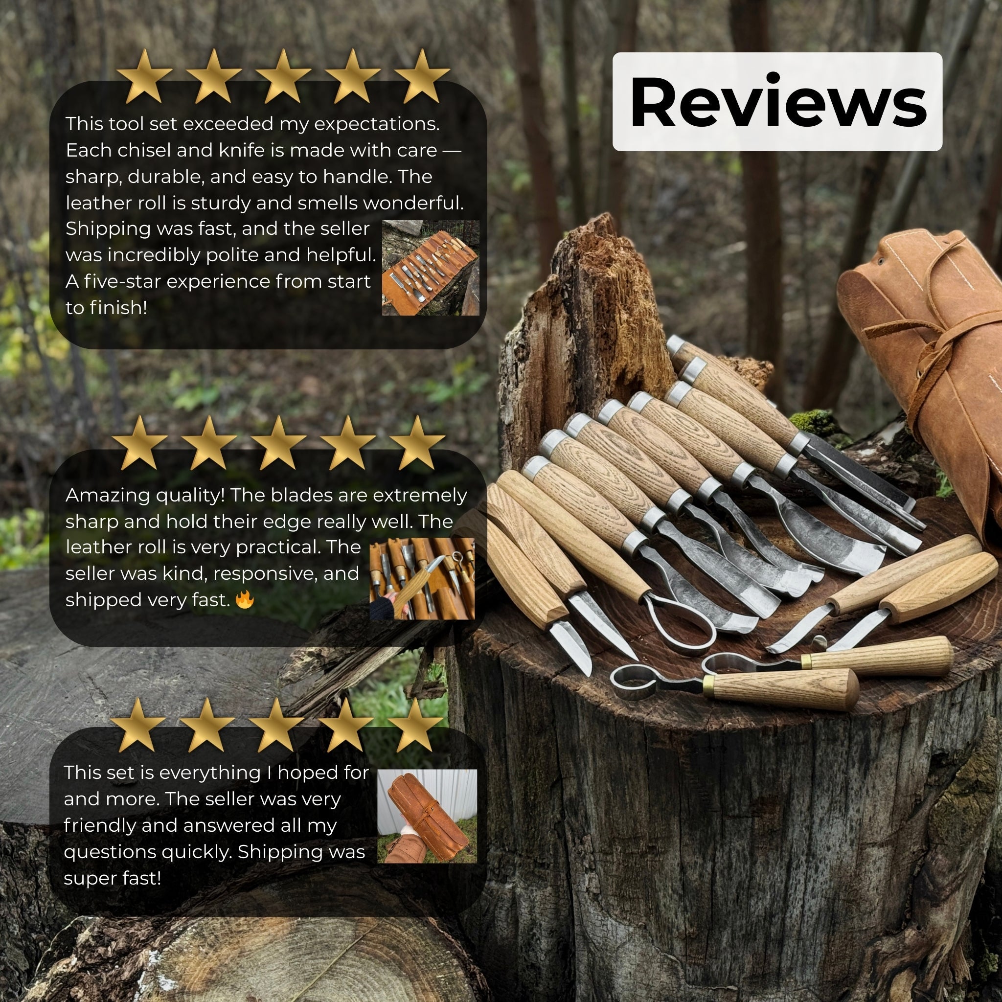 15 piece Wood Carving Tool Set with Leather Roll - 10