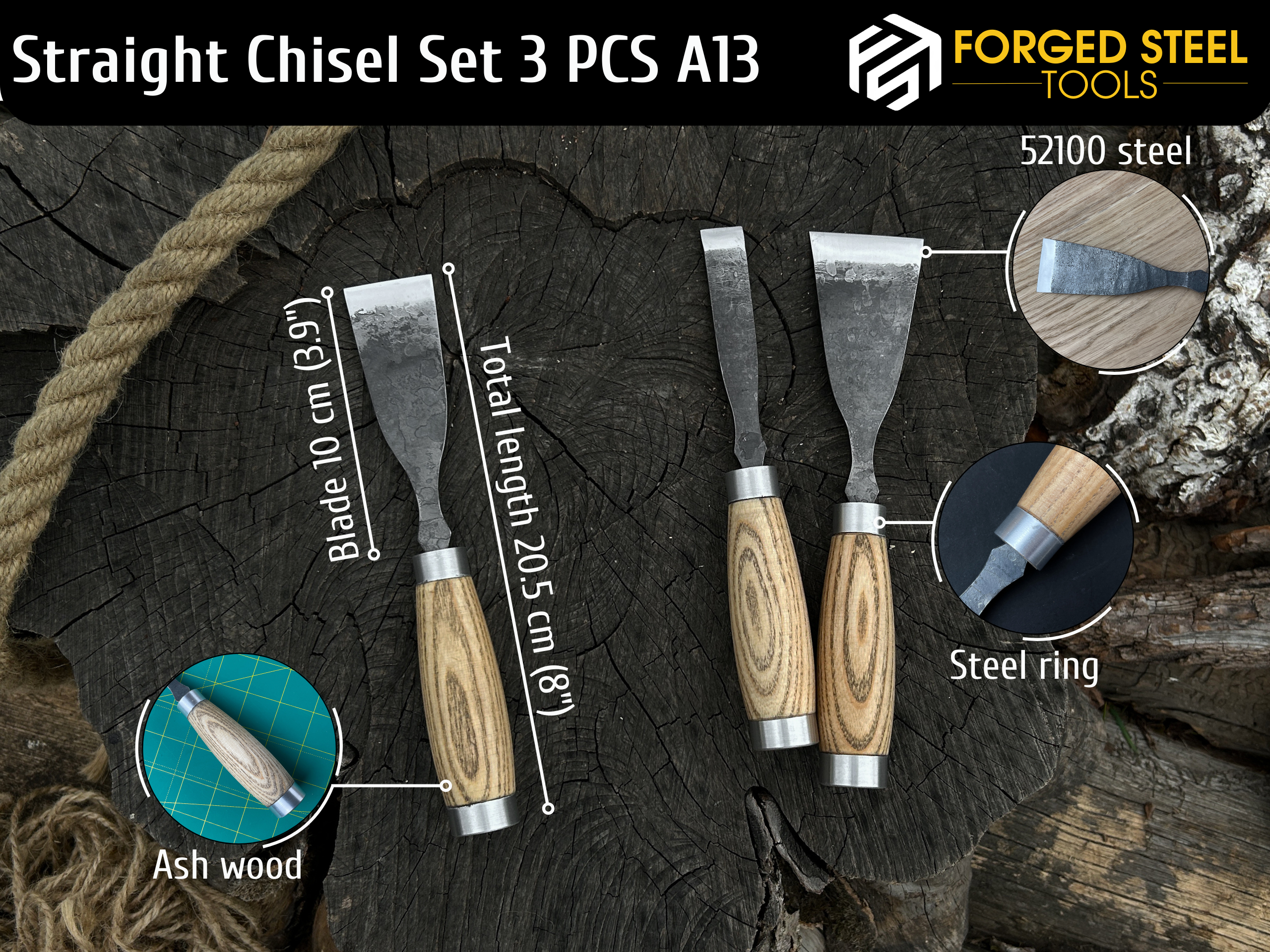 3-Piece Hand-Forged Wood Carving Chisel Set - Forged Steel Tools