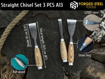 3-Piece Hand-Forged Wood Carving Chisel Set - Forged Steel Tools