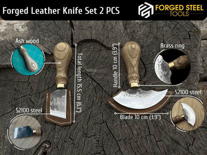 2-Piece Hand-Forged Rounded and Angled Leather Knife Set - Forged Steel Tools