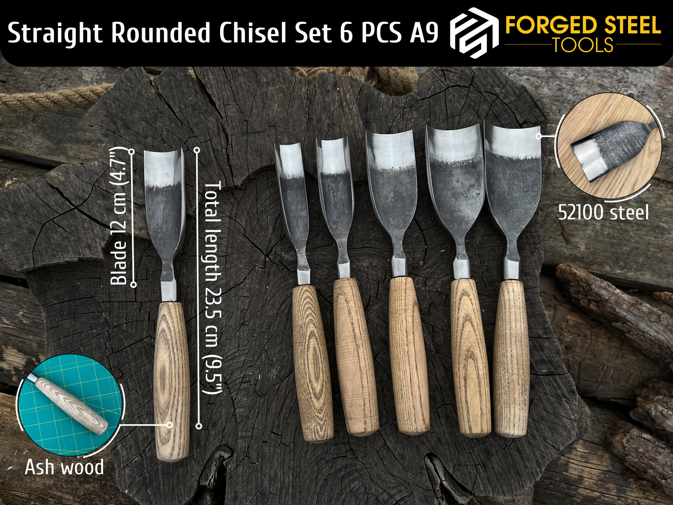 6-Piece Hand-Forged Straight Rounded Chisel Set - Forged Steel Tools