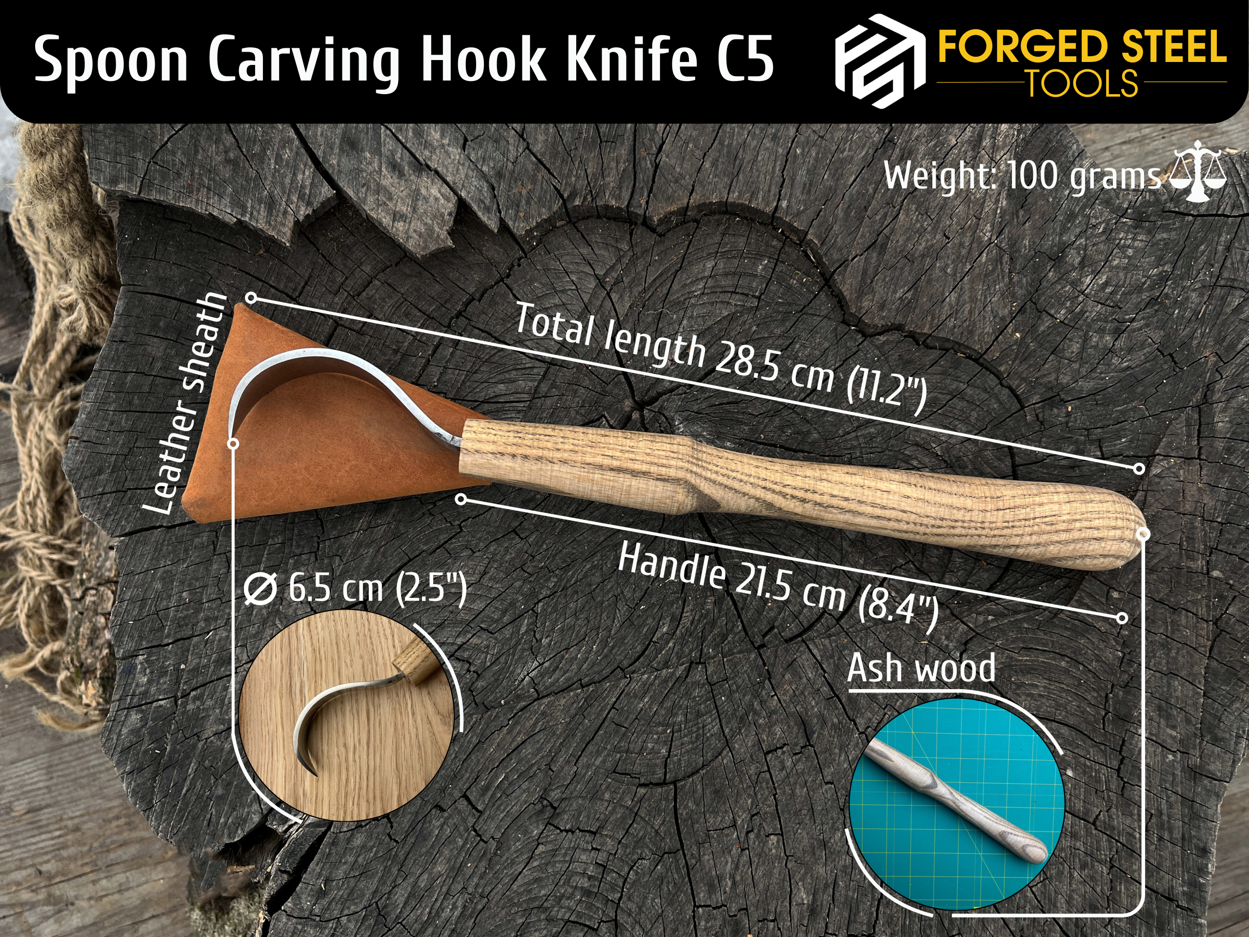 Hand-Forged Large Spoon Carving Hook Knife, ⌀6.5 cm (2.5 inches) - Forged Steel Tools