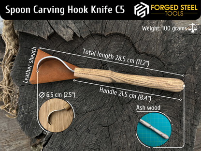 Hand-Forged Large Spoon Carving Hook Knife, ⌀6.5 cm (2.5 inches) - Forged Steel Tools