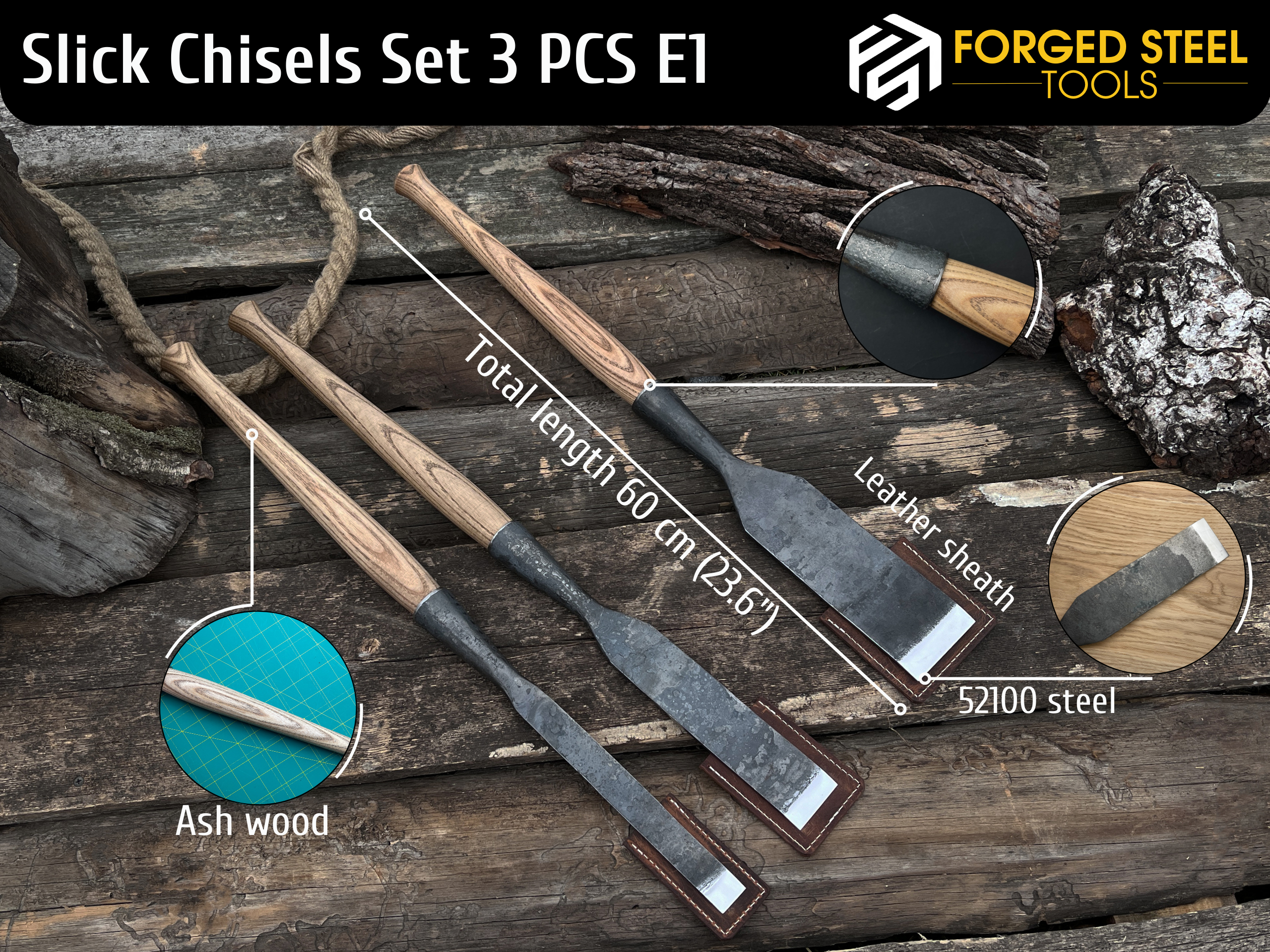 3-Piece Hand-Forged Long Timber Framing Chisel Set, 20 - 100 mm (0.8 - 3.9 inches)
