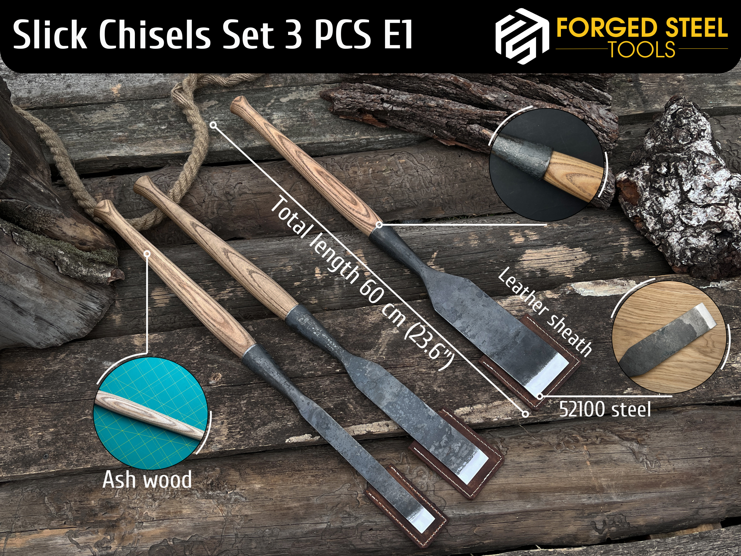 3-Piece Hand-Forged Long Timber Framing Chisel Set - Forged Steel Tools