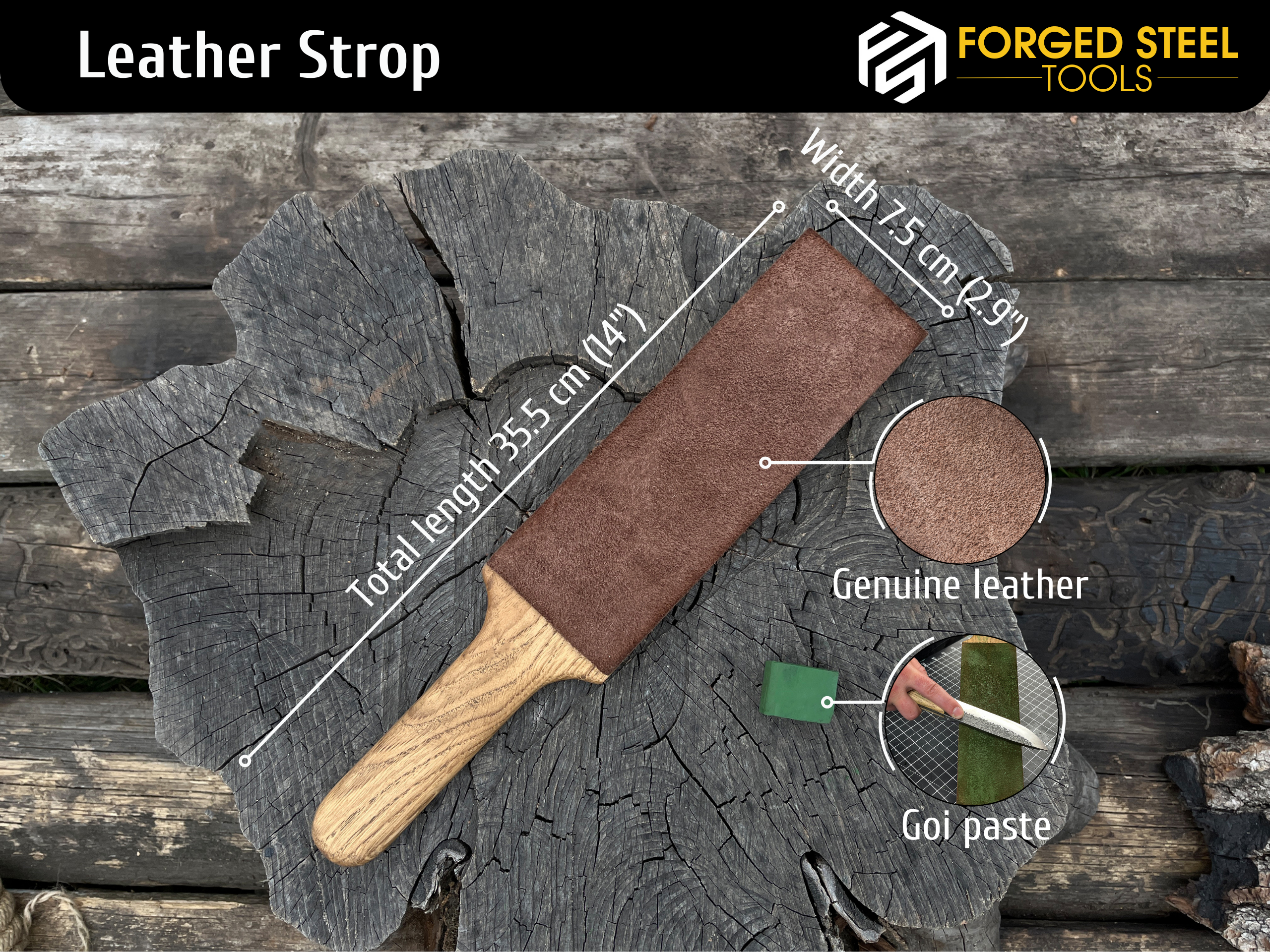 One-Sided Leather Strop For Knife Sharpening & Polishing Compound - Forged Steel Tools