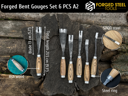 6-Piece Hand-Forged Long Bent Gouge Set - Forged Steel Tools