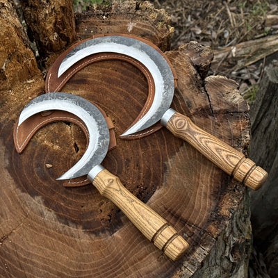 2 - Piece Hand - Forged Sickle Set with Leather Sheaths for Gardening - 1