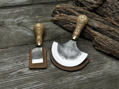 2 - Piece Hand - Forged Straight and Round (Half Moon) Leather Knife Set - 2