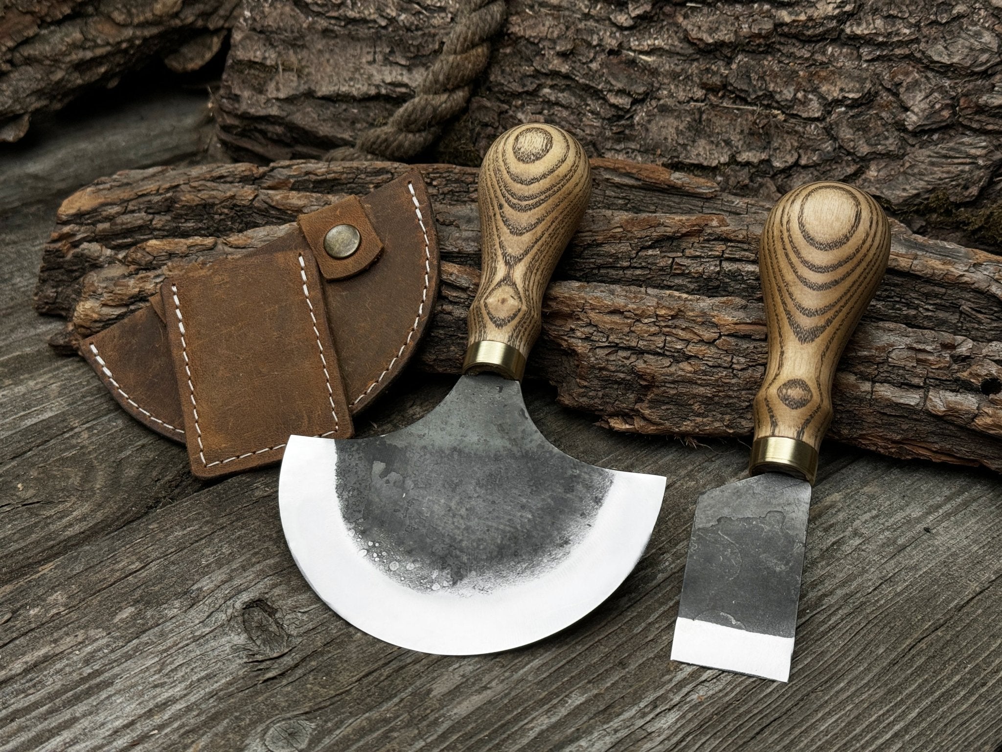 2 - Piece Hand - Forged Straight and Round (Half Moon) Leather Knife Set - 5