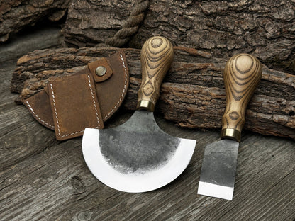 2 - Piece Hand - Forged Straight and Round (Half Moon) Leather Knife Set - 5