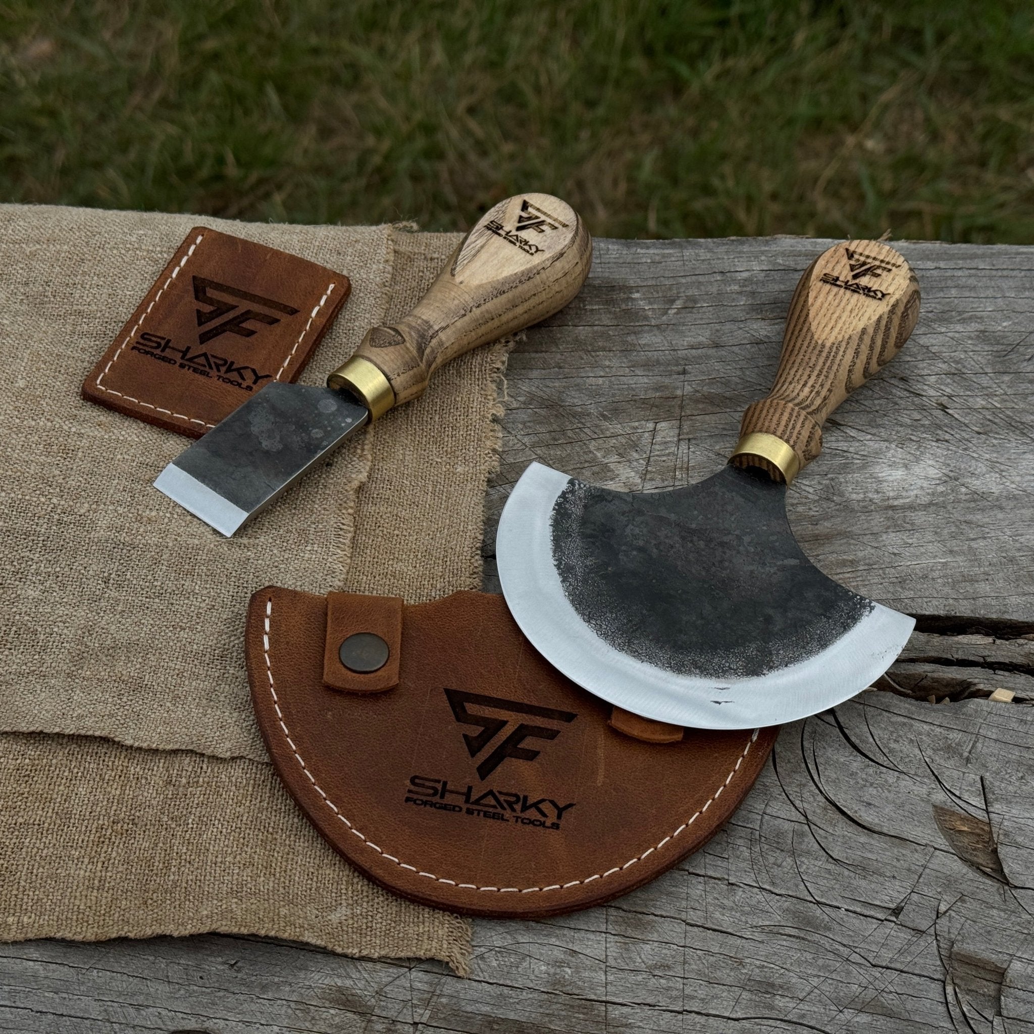 2 - Piece Leather Knife Set (Straight & Half - Moon) with Leather Sheath - 1