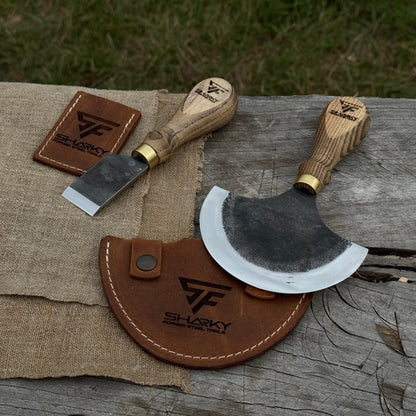 2 - Piece Leather Knife Set (Straight & Half - Moon) with Leather Sheath - 1