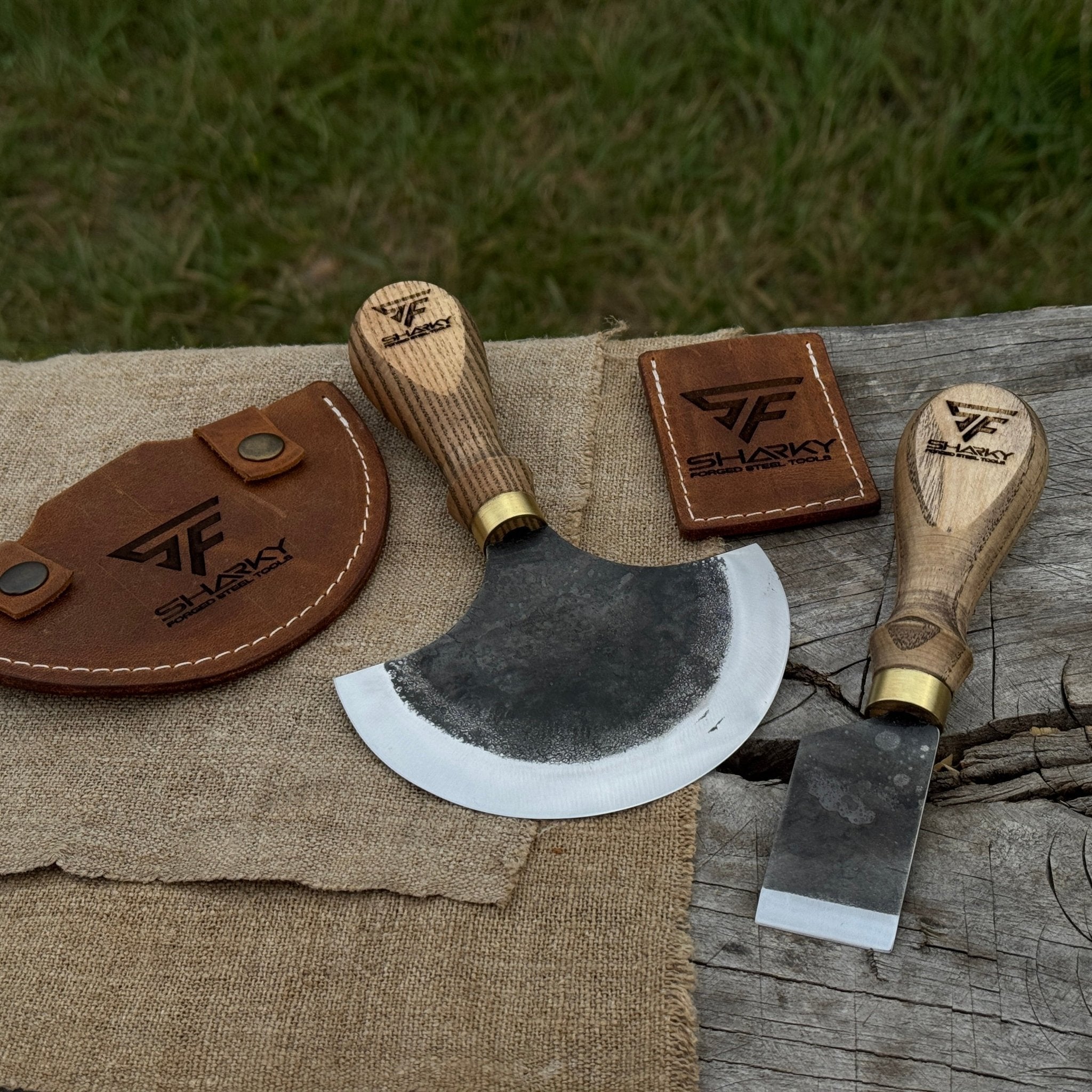 2 - Piece Leather Knife Set (Straight & Half - Moon) with Leather Sheath - 5