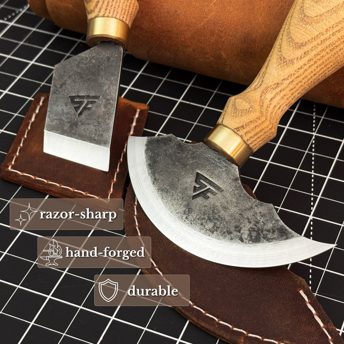 2-Piece Rounded and Angled Leather Knife Set - 3