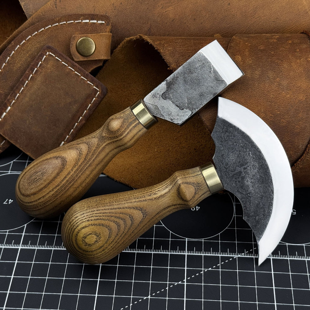 2-Piece Rounded and Straight Leather Knife Set - Sharky Forged Steel Tools