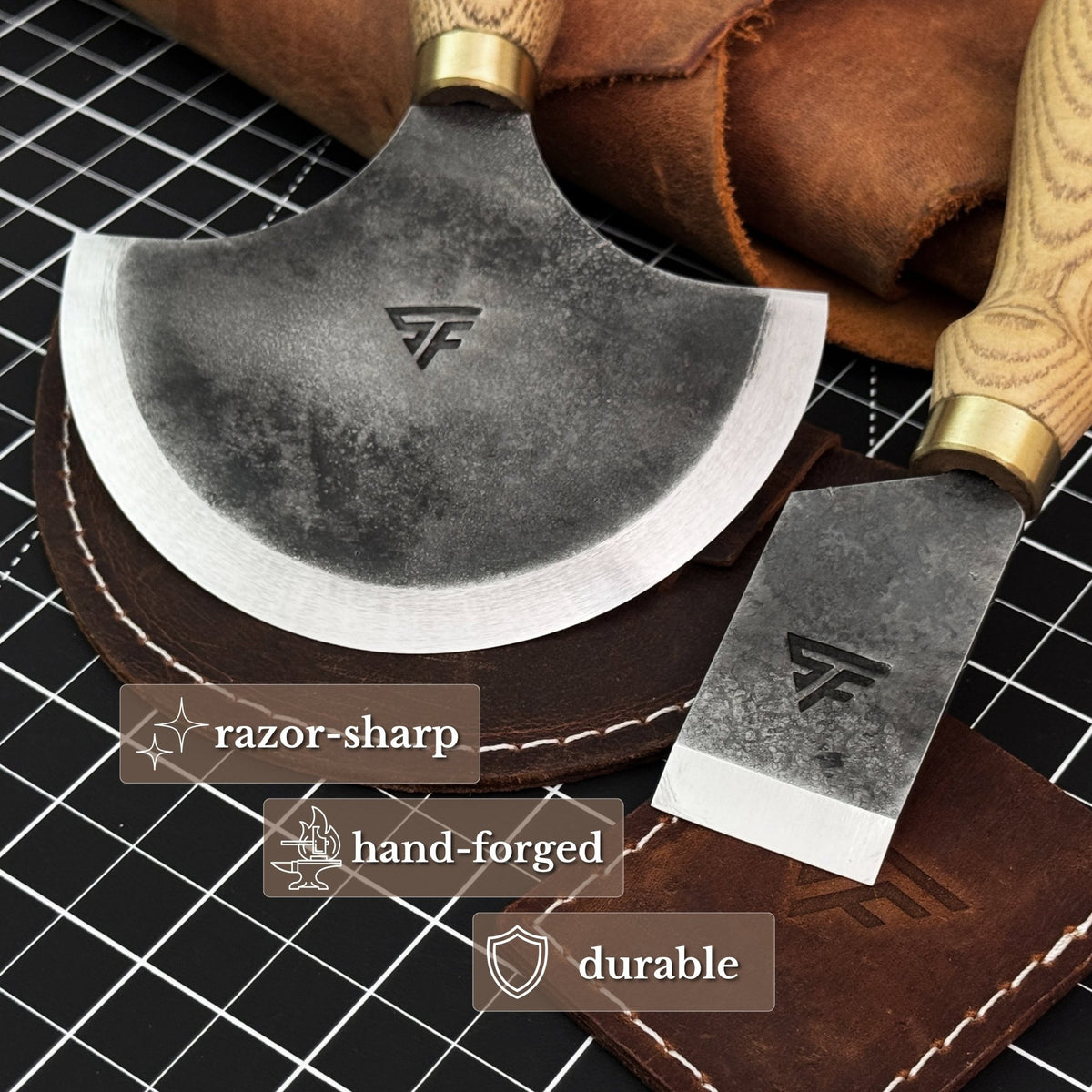 2-Piece Straight and Round (Half Moon) Leather Knife Set - 2