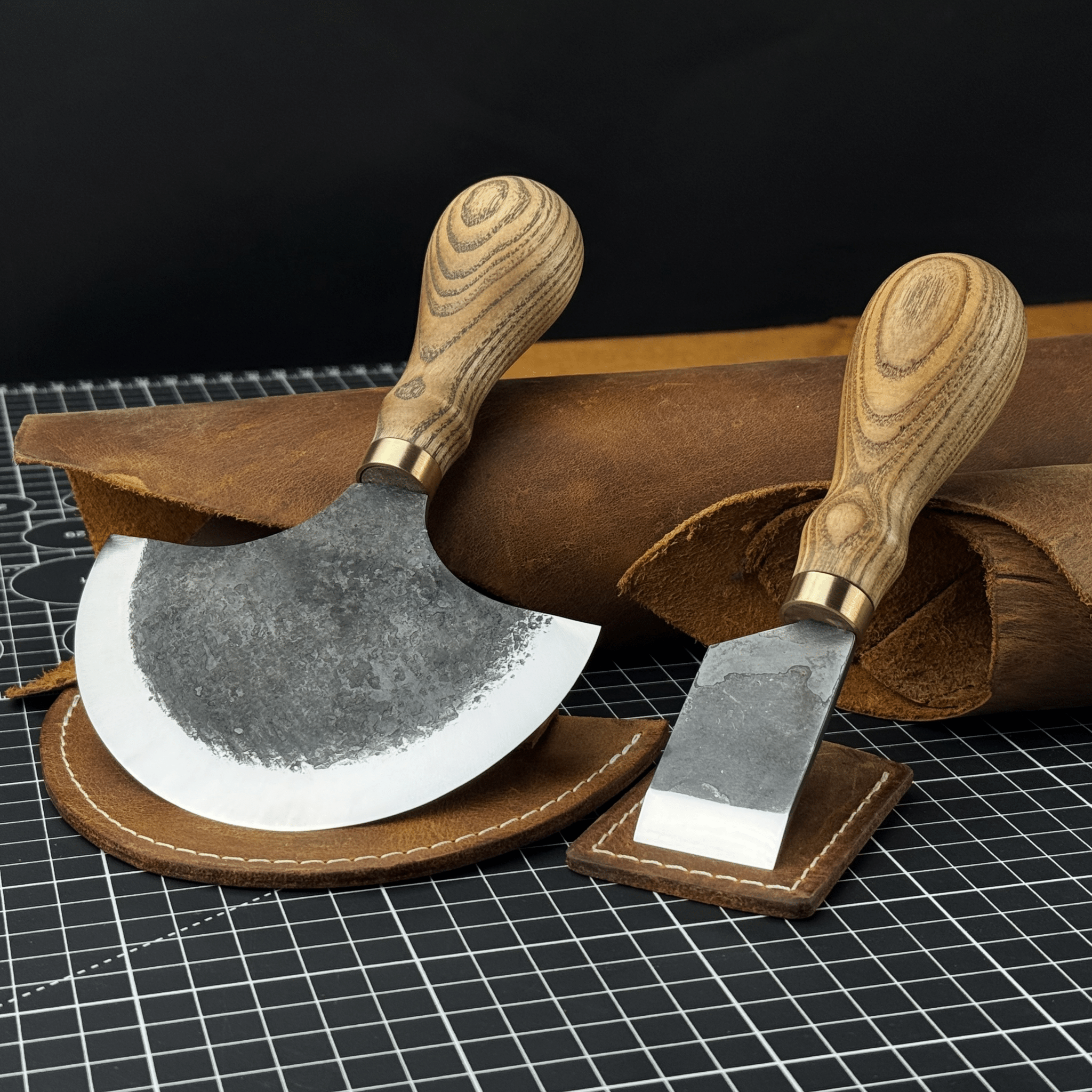 2 - Piece Straight and Round (Half Moon) Leather Knife Set - 1