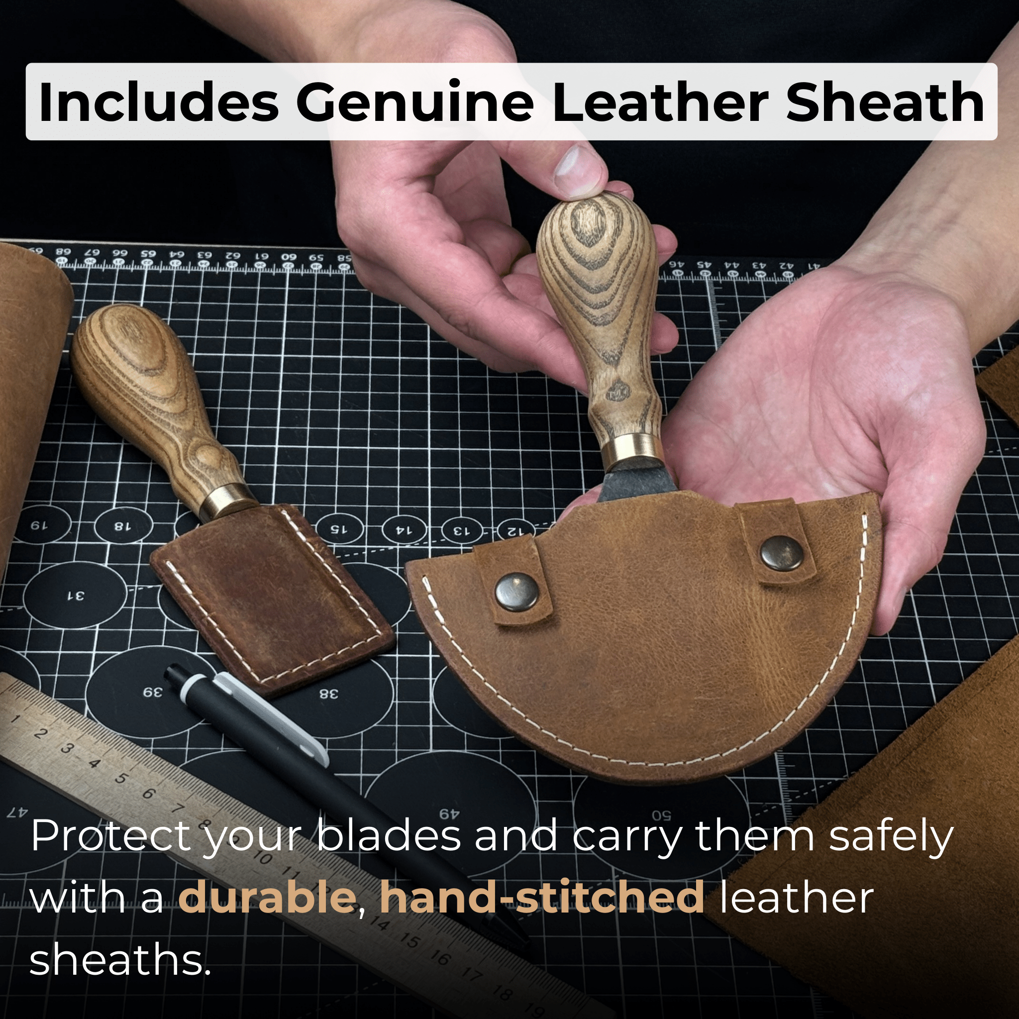2 - Piece Straight and Round (Half Moon) Leather Knife Set - 6