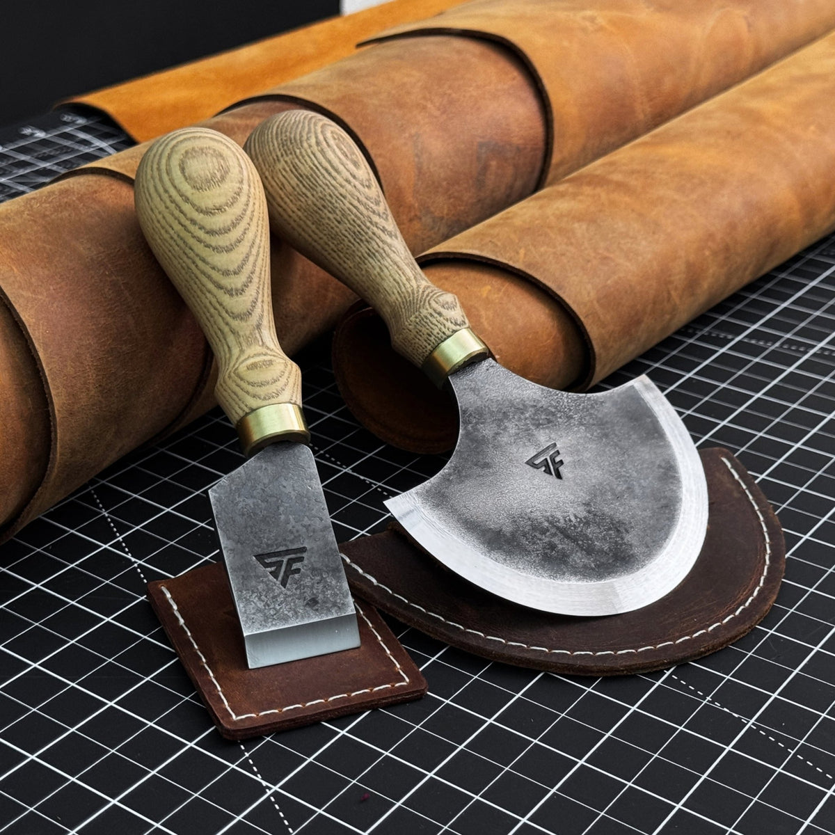 2-Piece Straight and Round (Half Moon) Leather Knife Set - 1