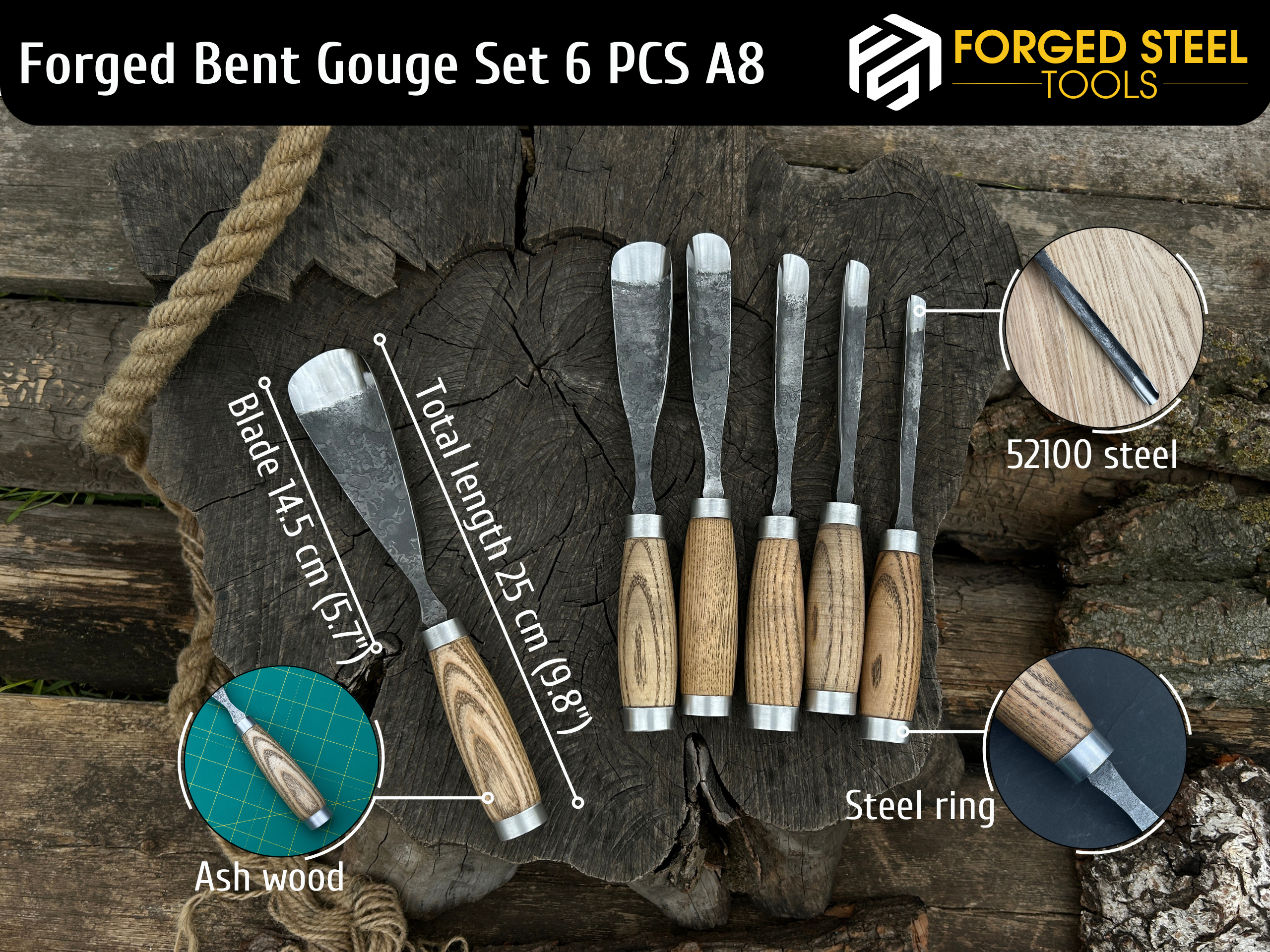 6-Piece Hand-Forged Straight Rounded Chisel Set - Forged Steel Tools