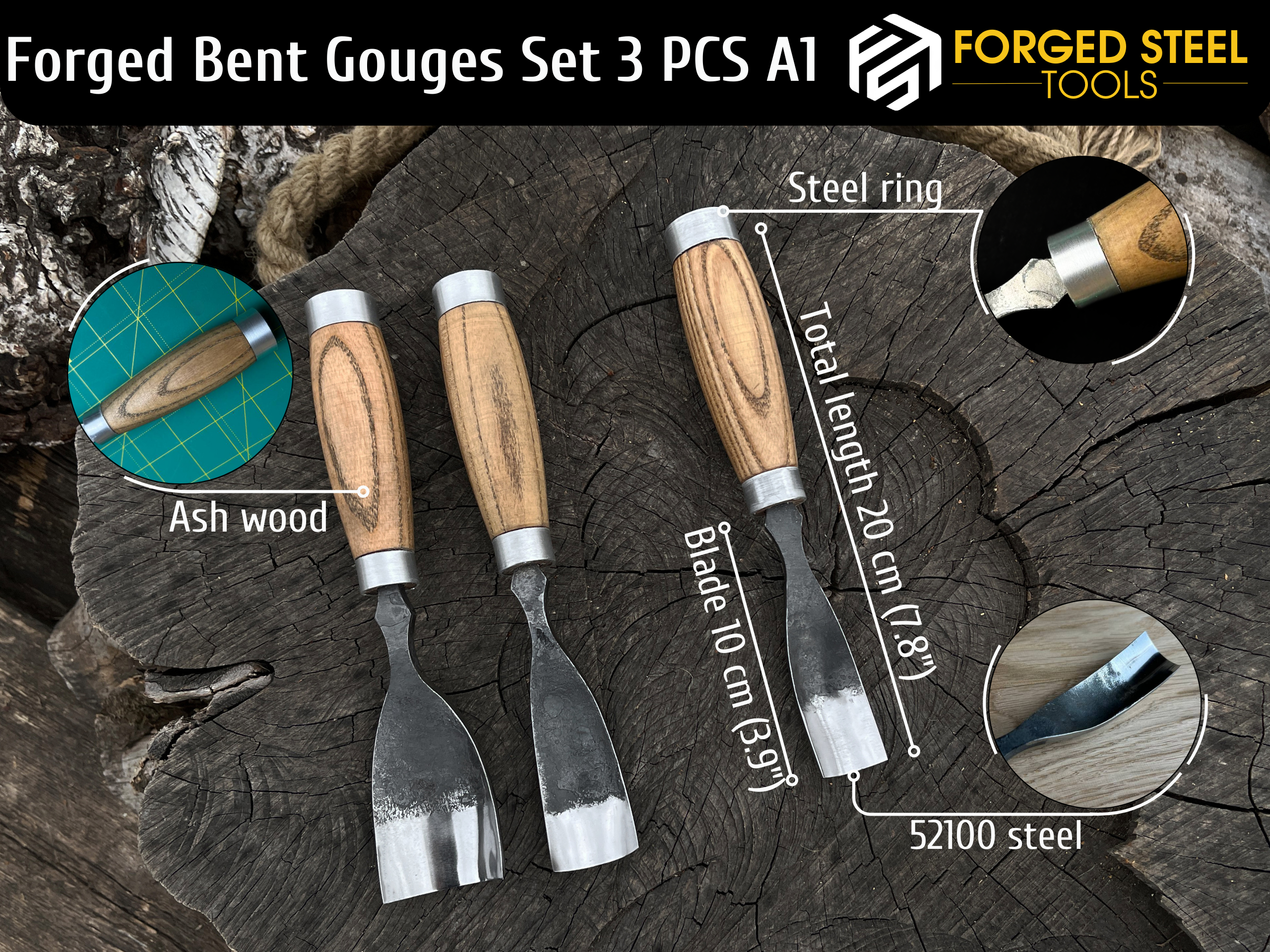 3-Piece Hand-Forged Bent Gouge Set