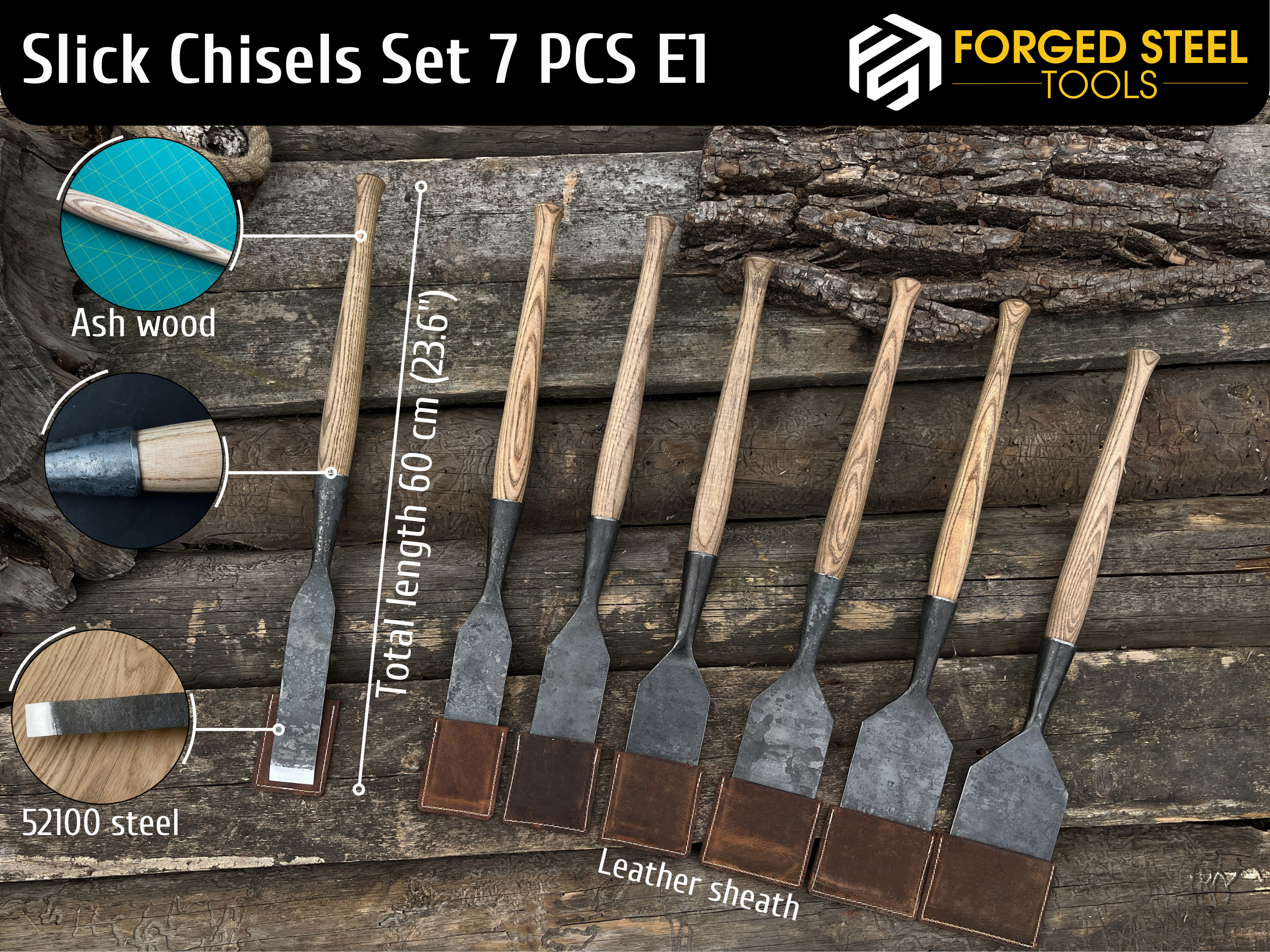 7-Piece Hand-Forged Long Timber Framing Chisel Set, 20 - 100 mm (0.8 - 3.9 inches)