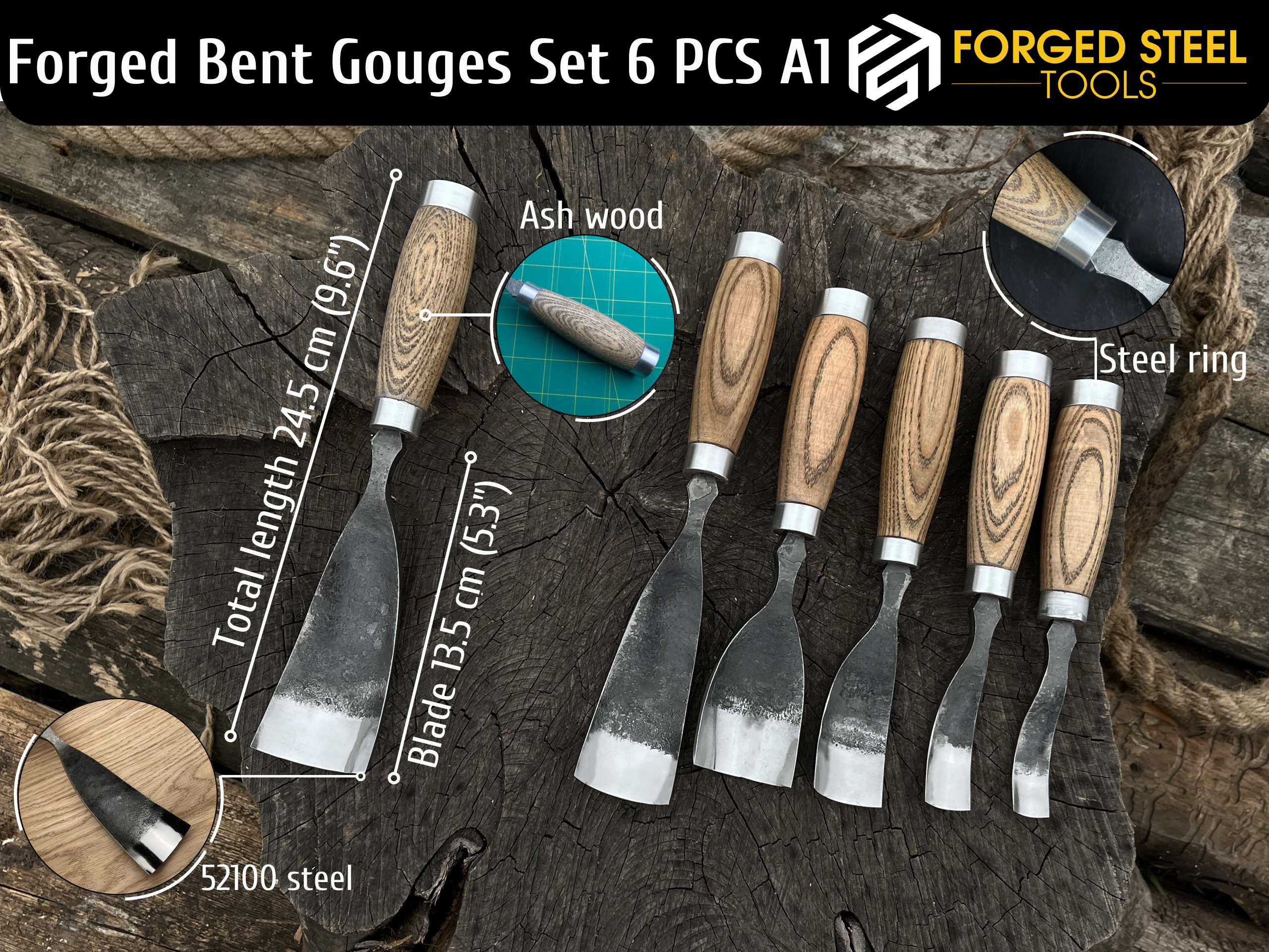 6-Piece Hand-Forged Bent Gouge Set
