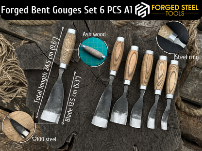 6-Piece Hand-Forged Bent Gouge Set - Forged Steel Tools