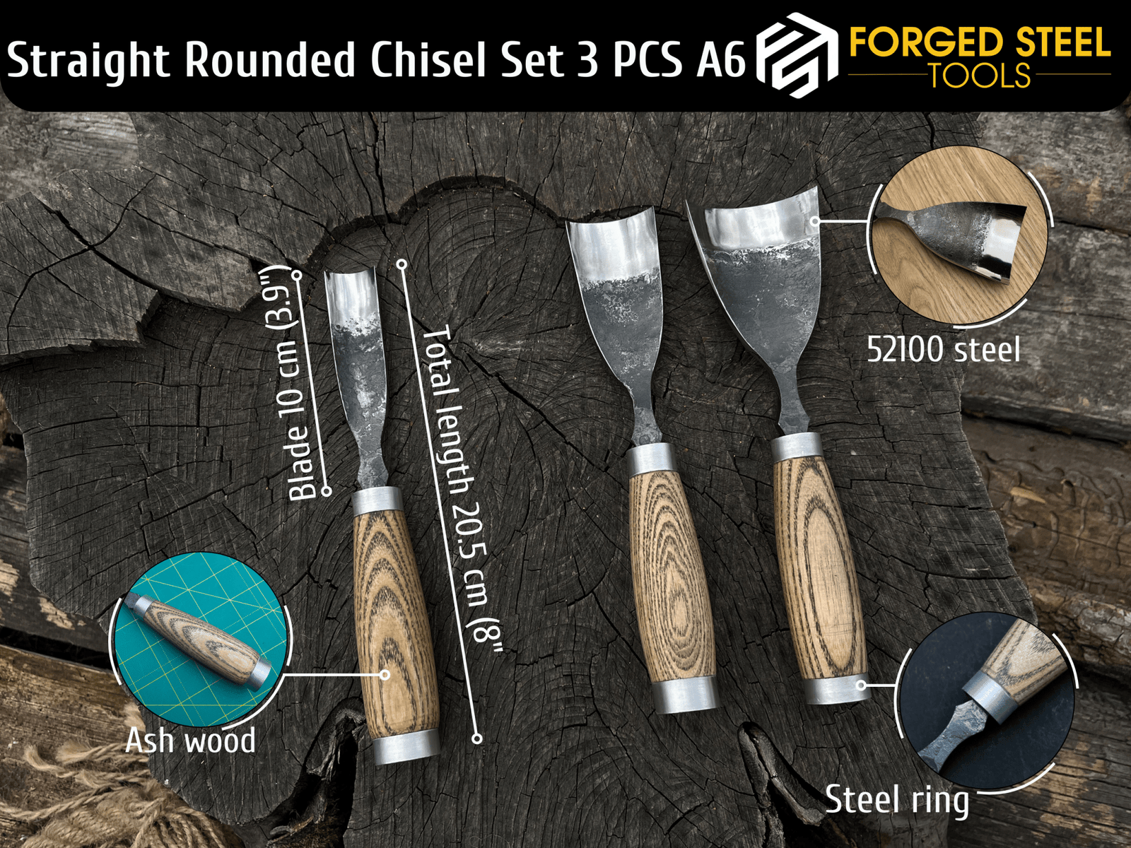 3-Piece Straight Rounded Chisel Set - Sharky Forged Steel Tools