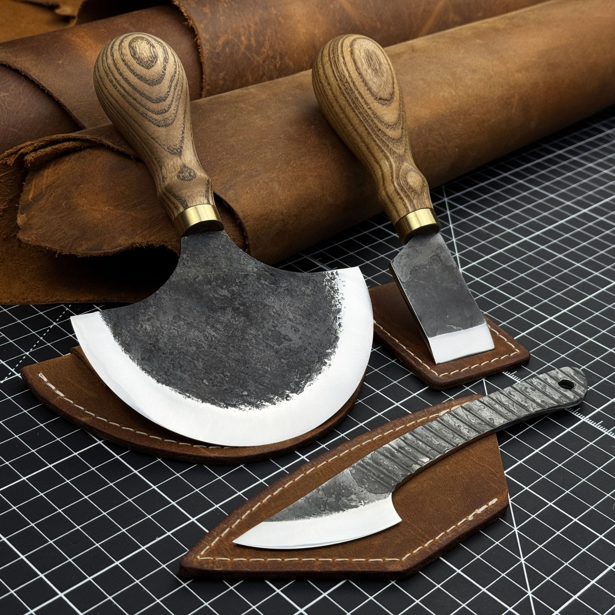 3 - Piece Leatherworking Knife Set with Leather Sheaths - 1