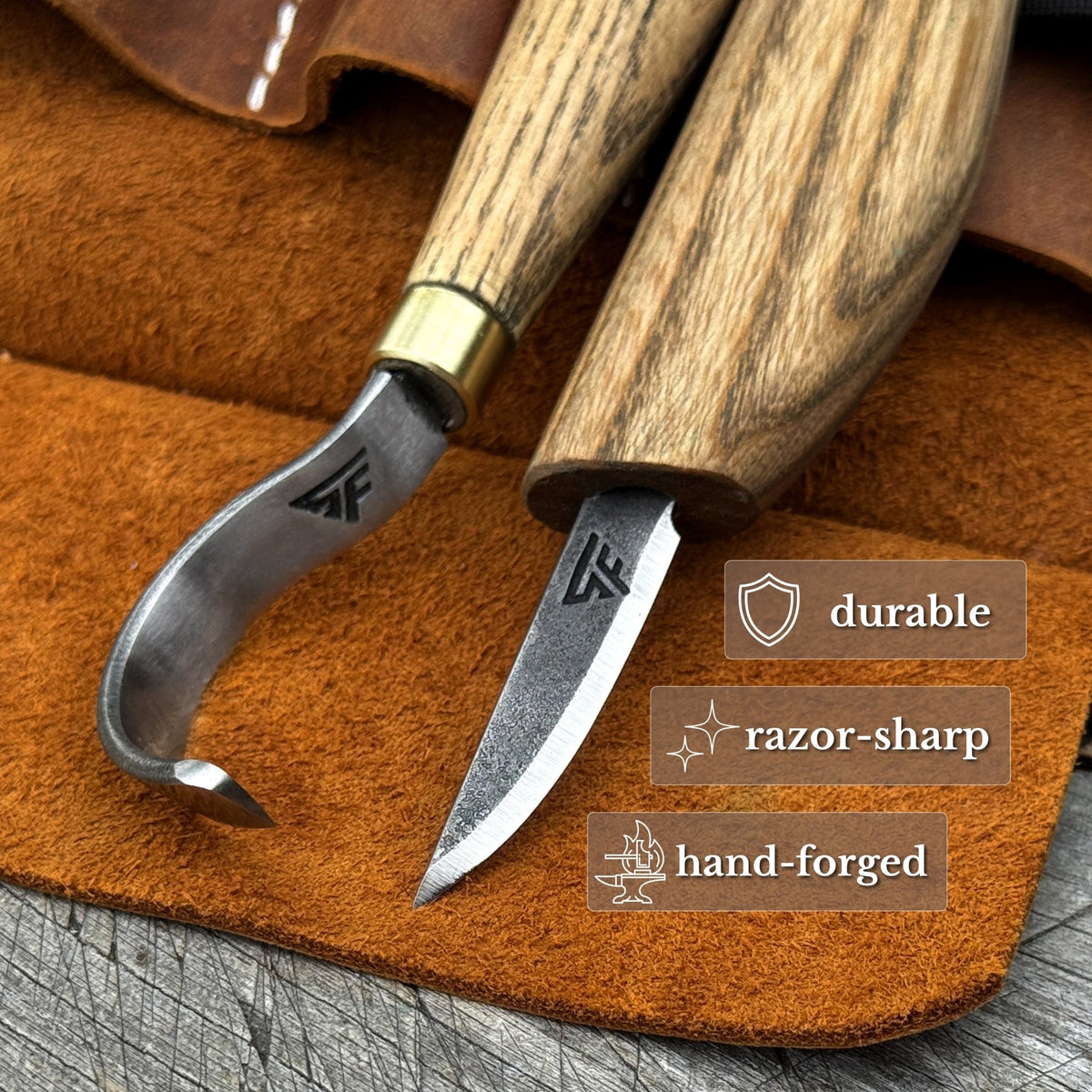 3-Piece Spoon Carving Set – Whittling Knife, Hook Knife & Sharpening Strop - 2