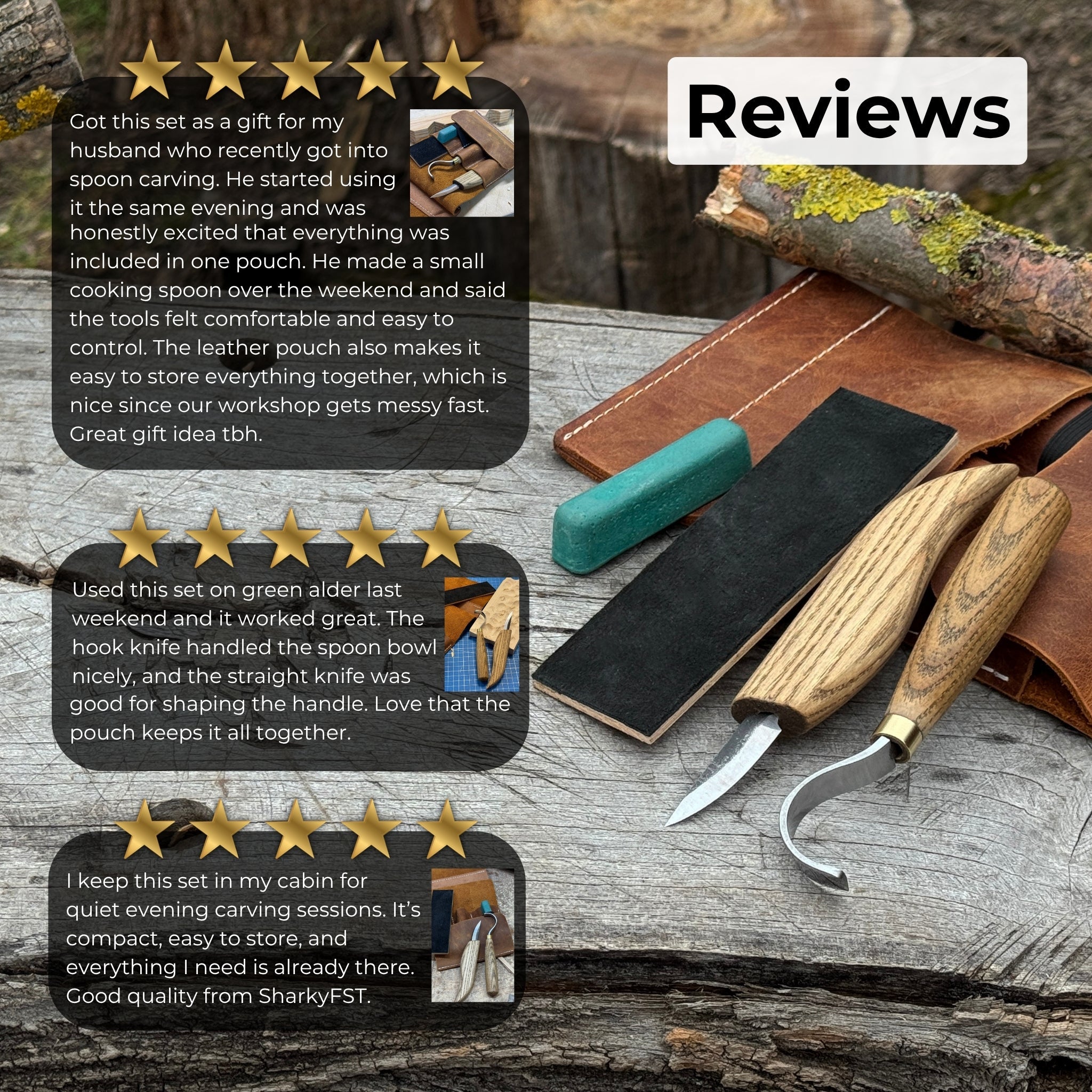 3 - Piece Spoon Carving Set – Whittling Knife, Hook Knife & Sharpening Strop - 9