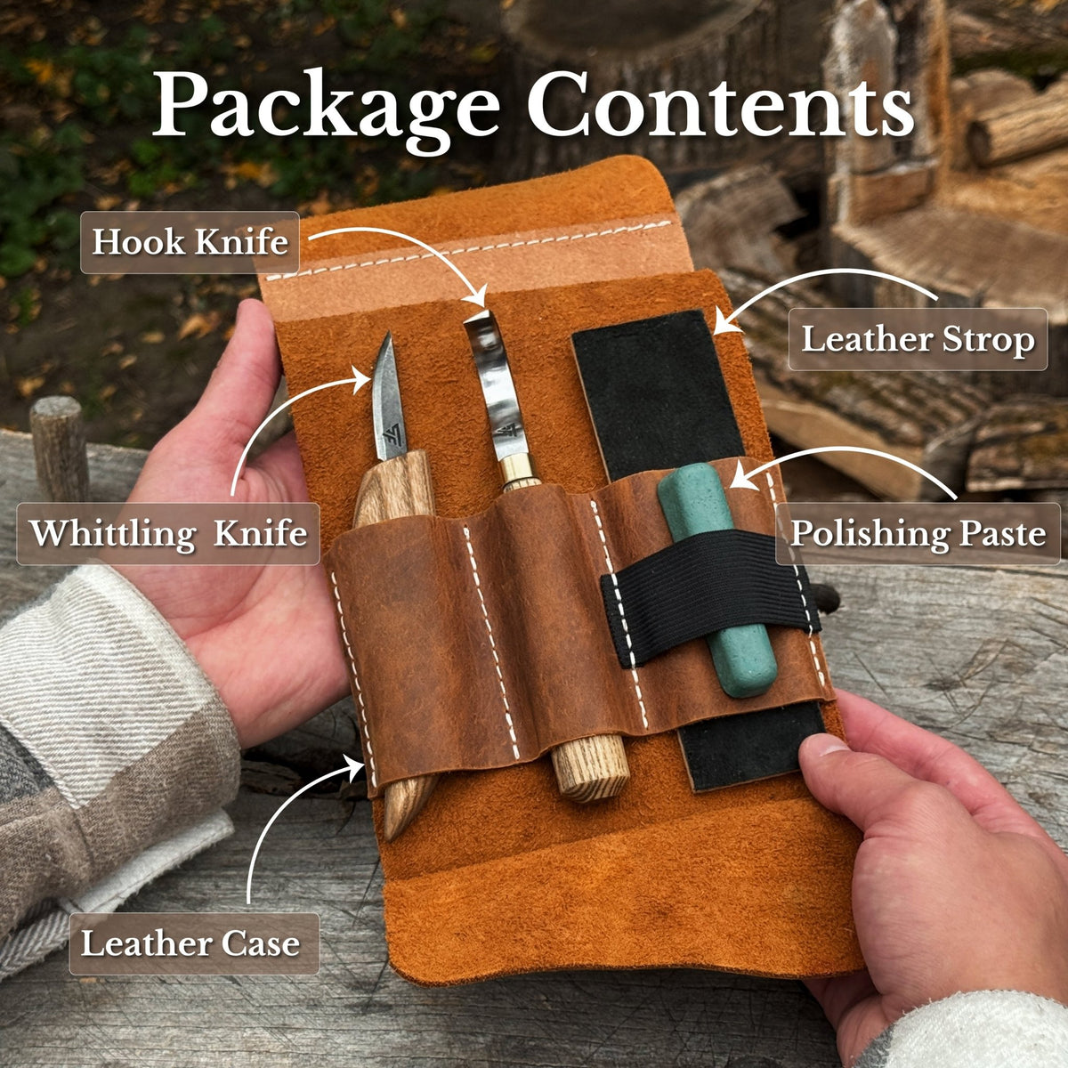3-Piece Spoon Carving Set – Whittling Knife, Hook Knife & Sharpening Strop - 9