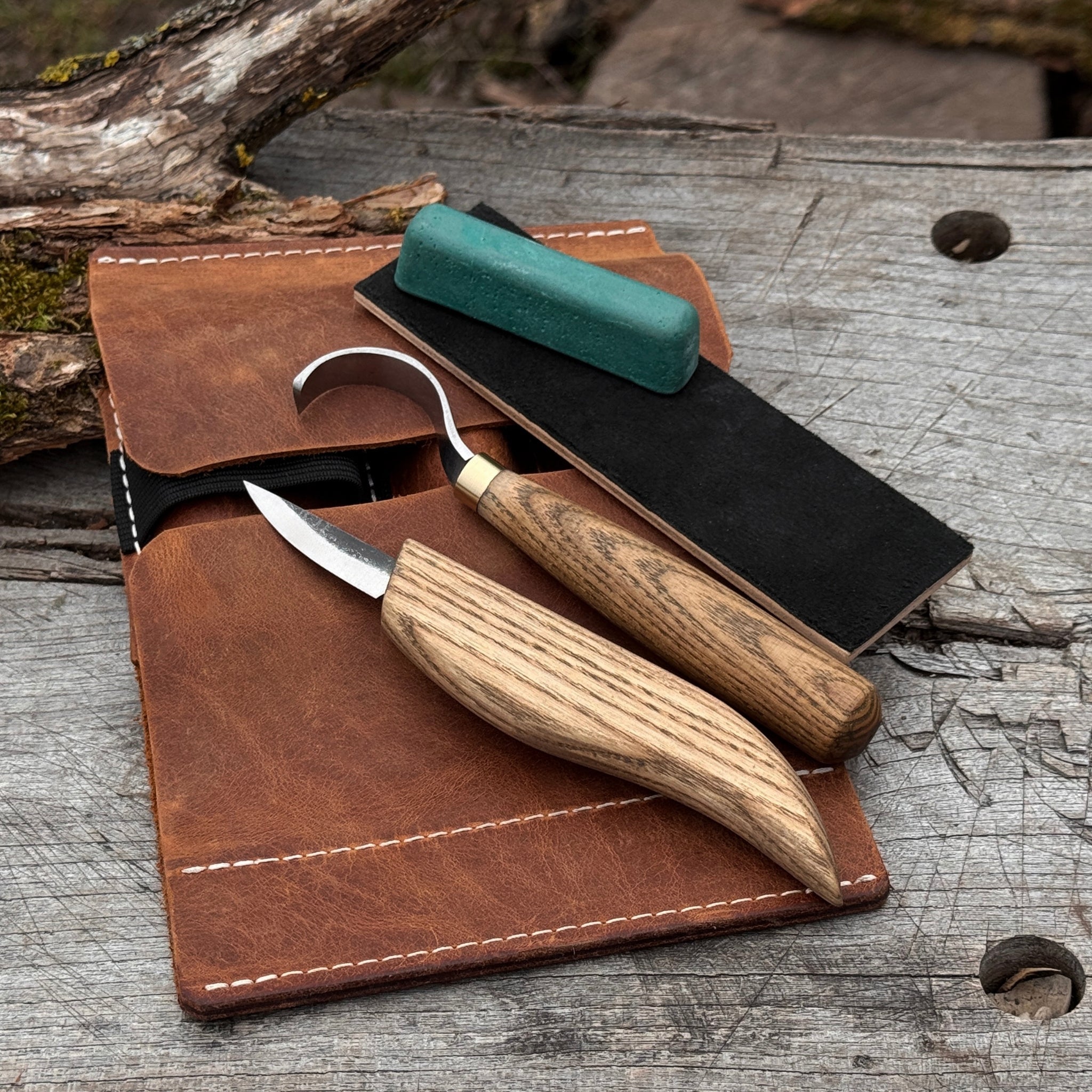 3 - Piece Spoon Carving Set – Whittling Knife, Hook Knife & Sharpening Strop - 1