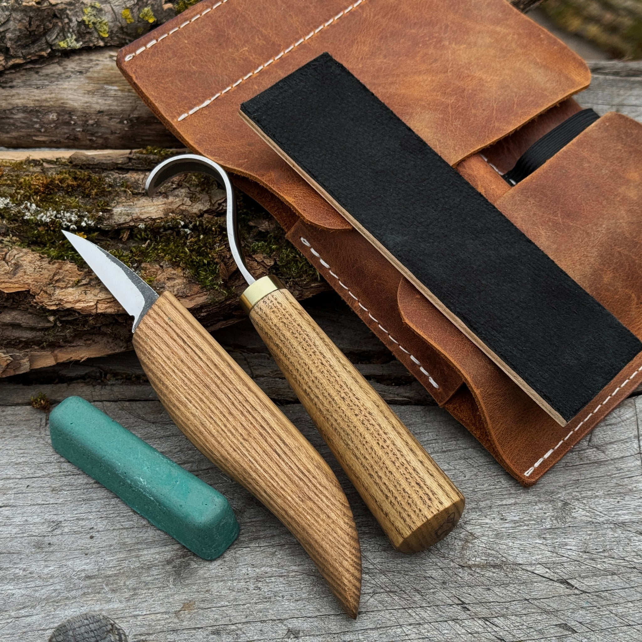 3 - Piece Wood Carving Knife Set – Whittling Knife, Hook Knife & Leather Strop - 1